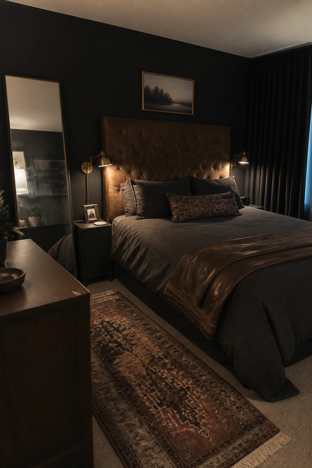 Dark bedroom with tufted brown headboard, patterned rug, and brass wall lamps.