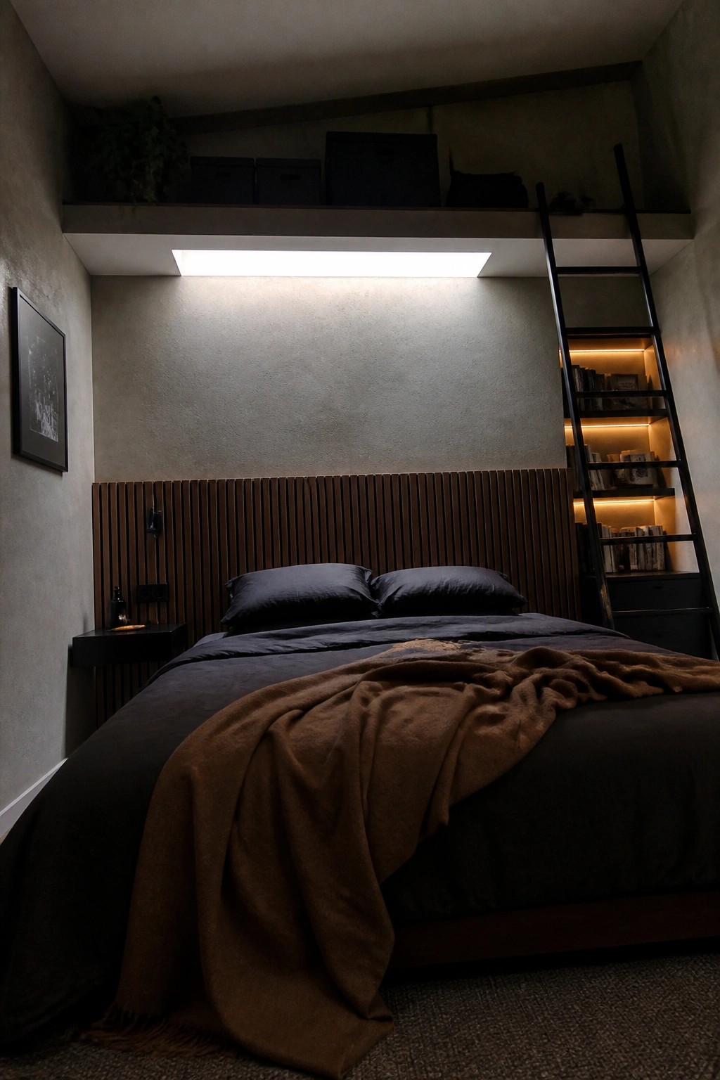 A bedroom featuring a dark bed with black pillows and a brown throw blanket, a vertical wood slat headboard, and a black ladder leading to a loft storage area.