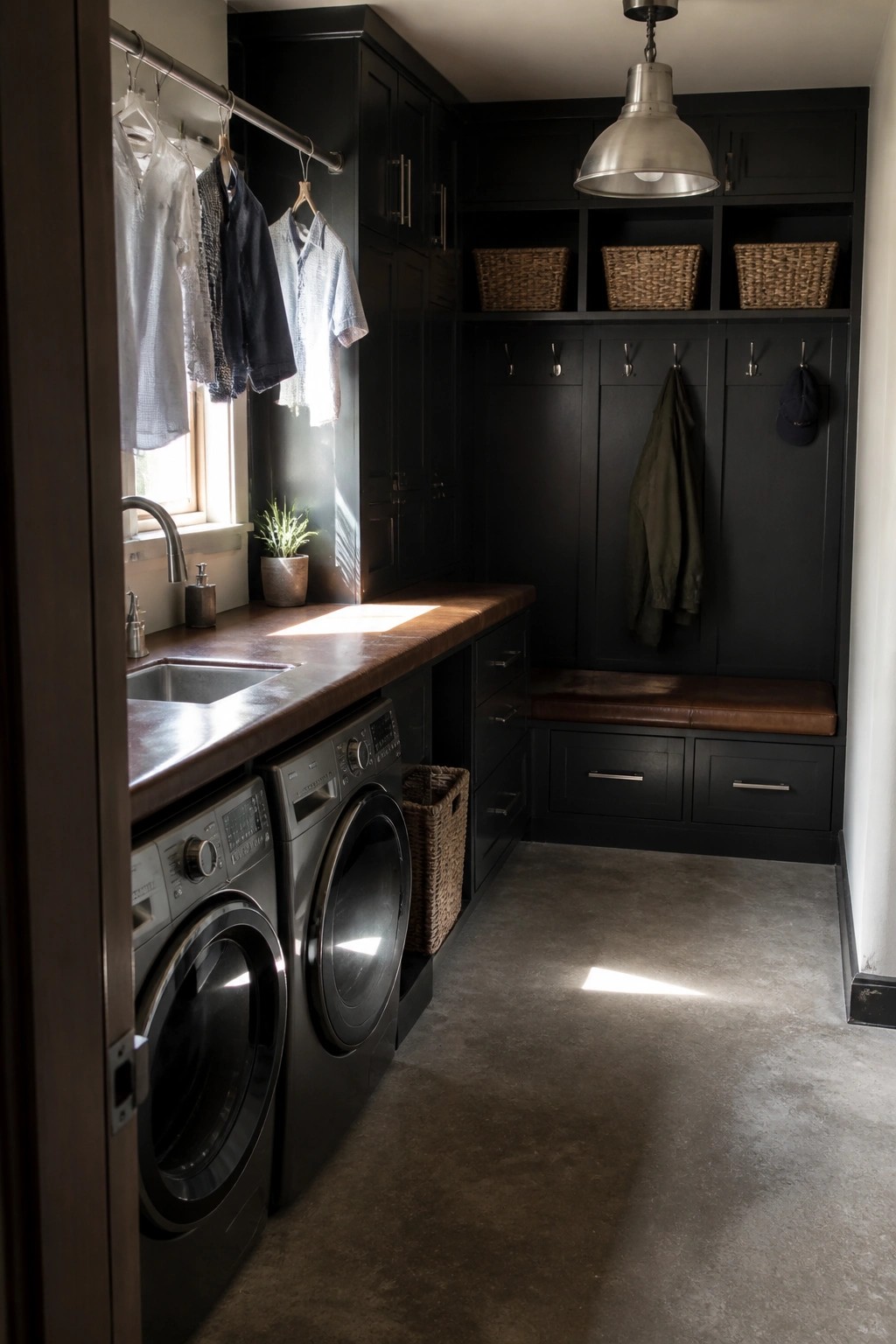A dark laundry and mudroom with black built-in cabinets, a brown leather bench, two front-loading washing machines, a sink, and a large metal pendant light.