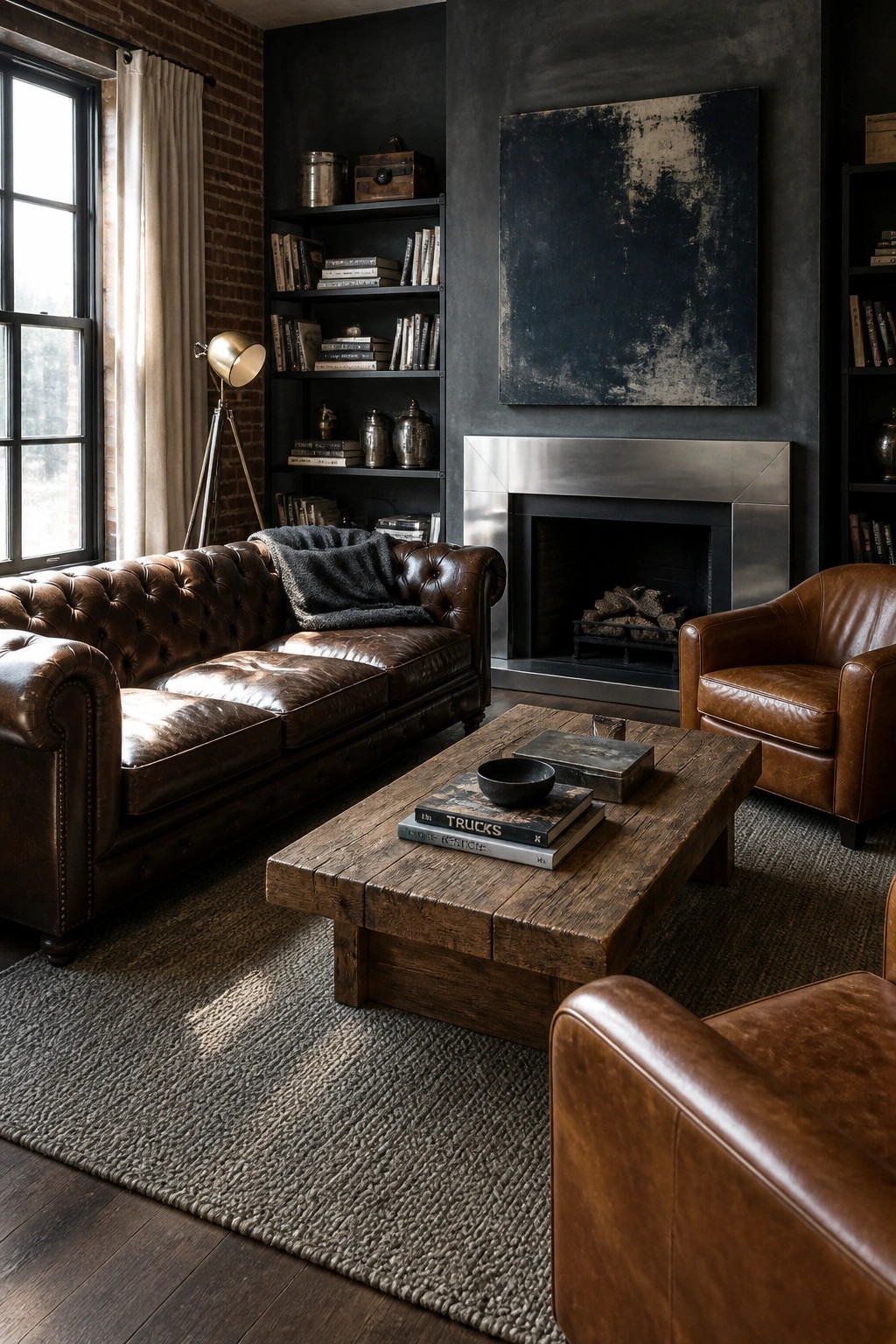 A living room featuring a brown leather chesterfield sofa, matching armchair, wooden coffee table, built-in bookshelves, and a stainless steel fireplace surround on a dark wall.