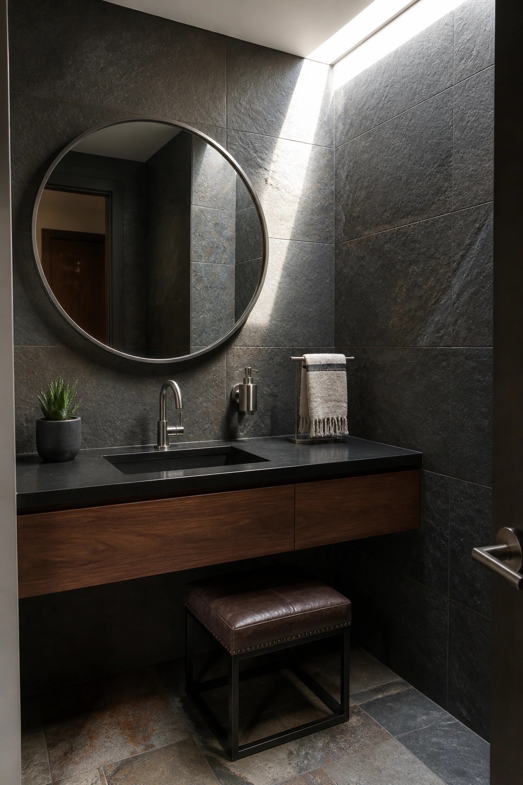 Modern bathroom with dark stone walls, round mirror, floating wood vanity, and leather stool