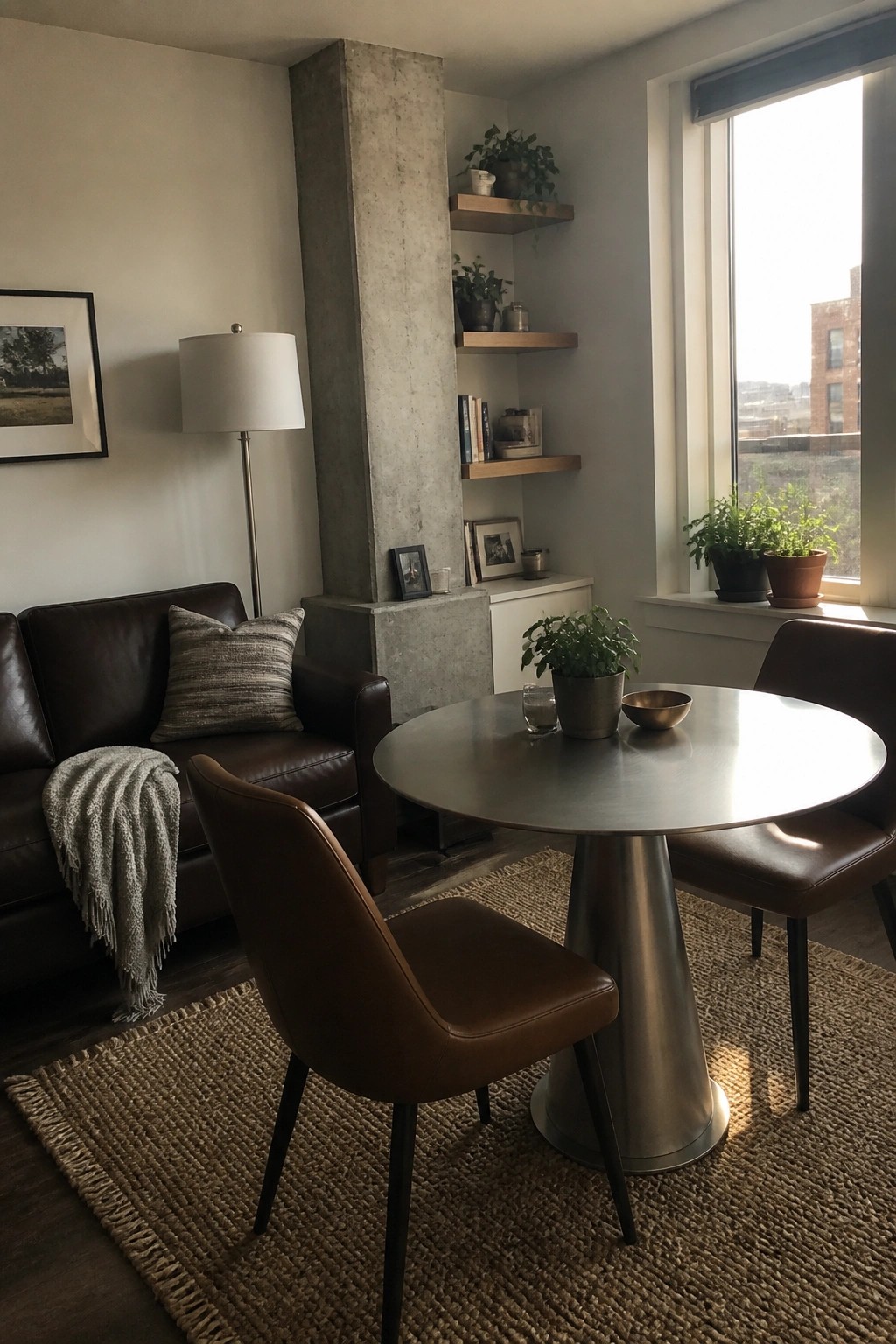 Modern living space with brown leather sofa, round metal table, concrete pillar, and floating shelves.
