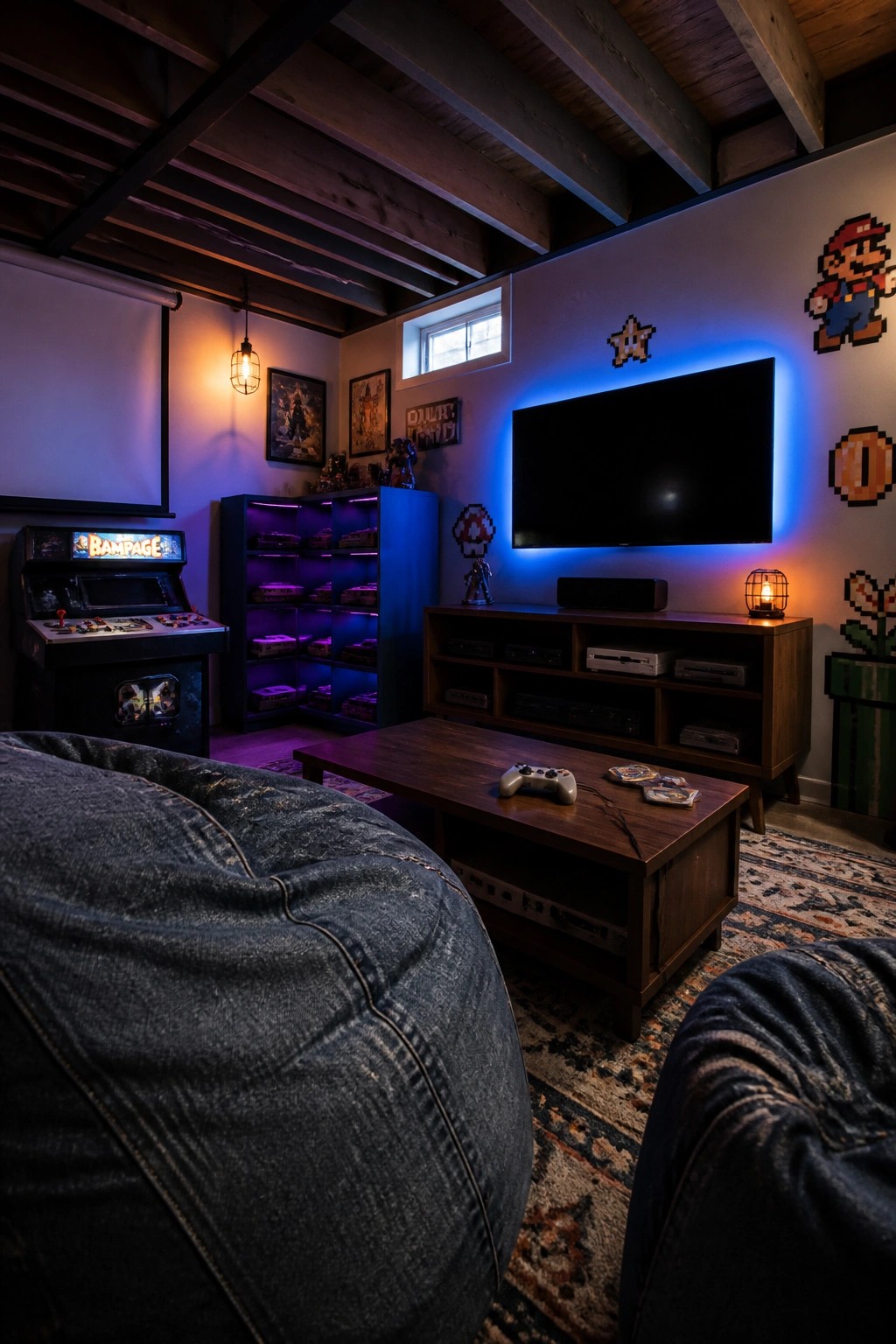 A basement gaming room featuring a large TV on a wooden media console, blue-lit open shelving filled with video games, an arcade cabinet on the left, and a denim bean bag in the foreground.