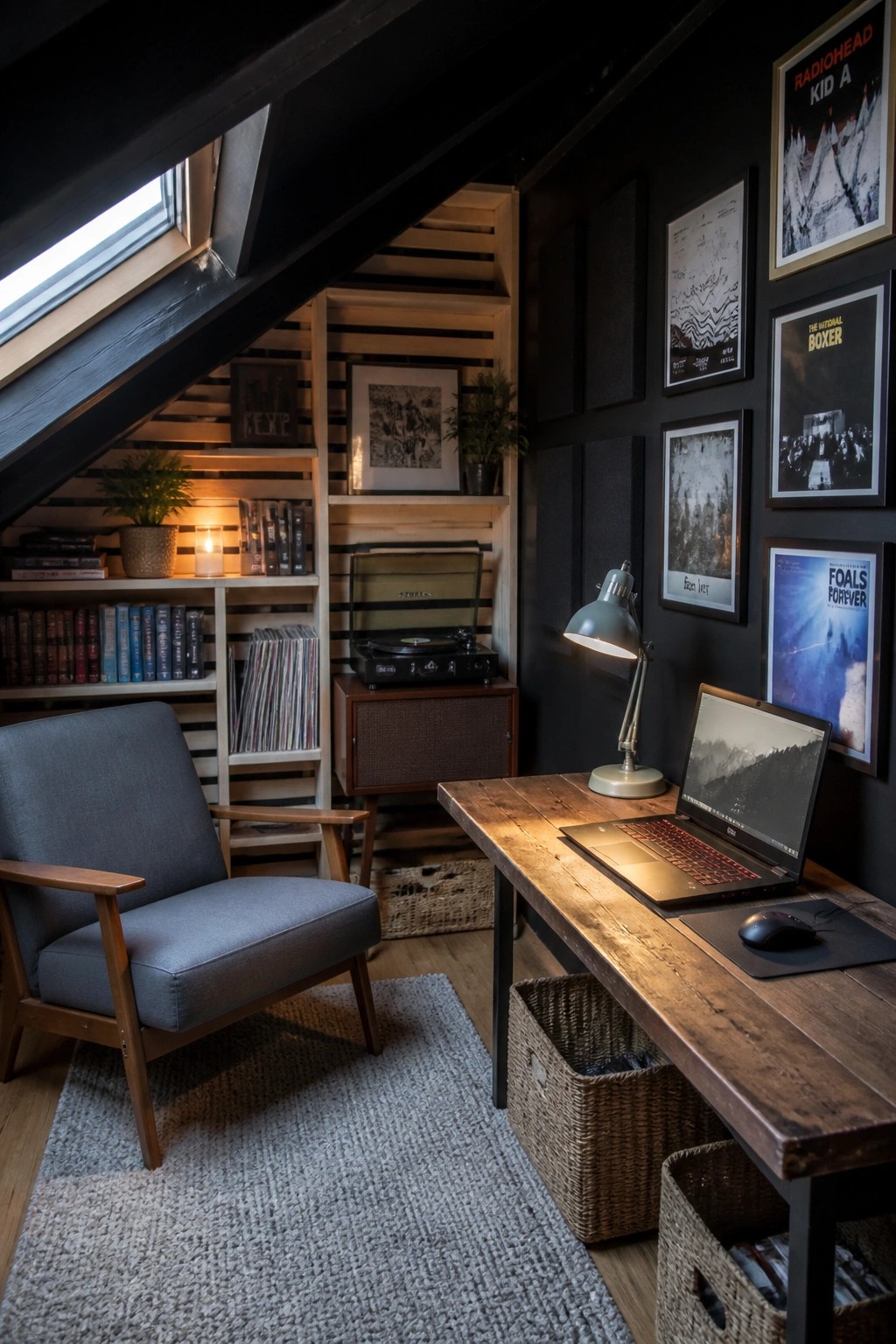 A small attic room with dark walls features DIY wooden slat shelving filled with books and records, a gray armchair on a rug, a wooden desk with a laptop, and music posters on the wall.