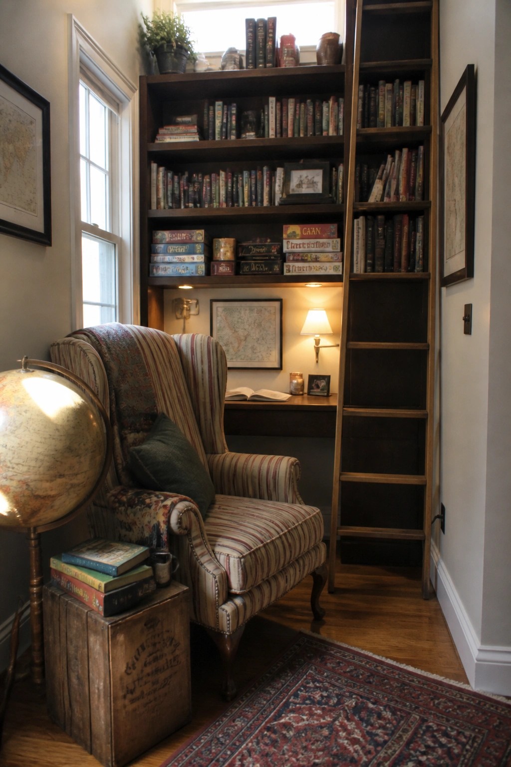 A cozy corner with built-in wooden bookshelves filled with books, a striped wingback chair on a rug, a globe on stacked books, and a wooden ladder leaning against the shelves.