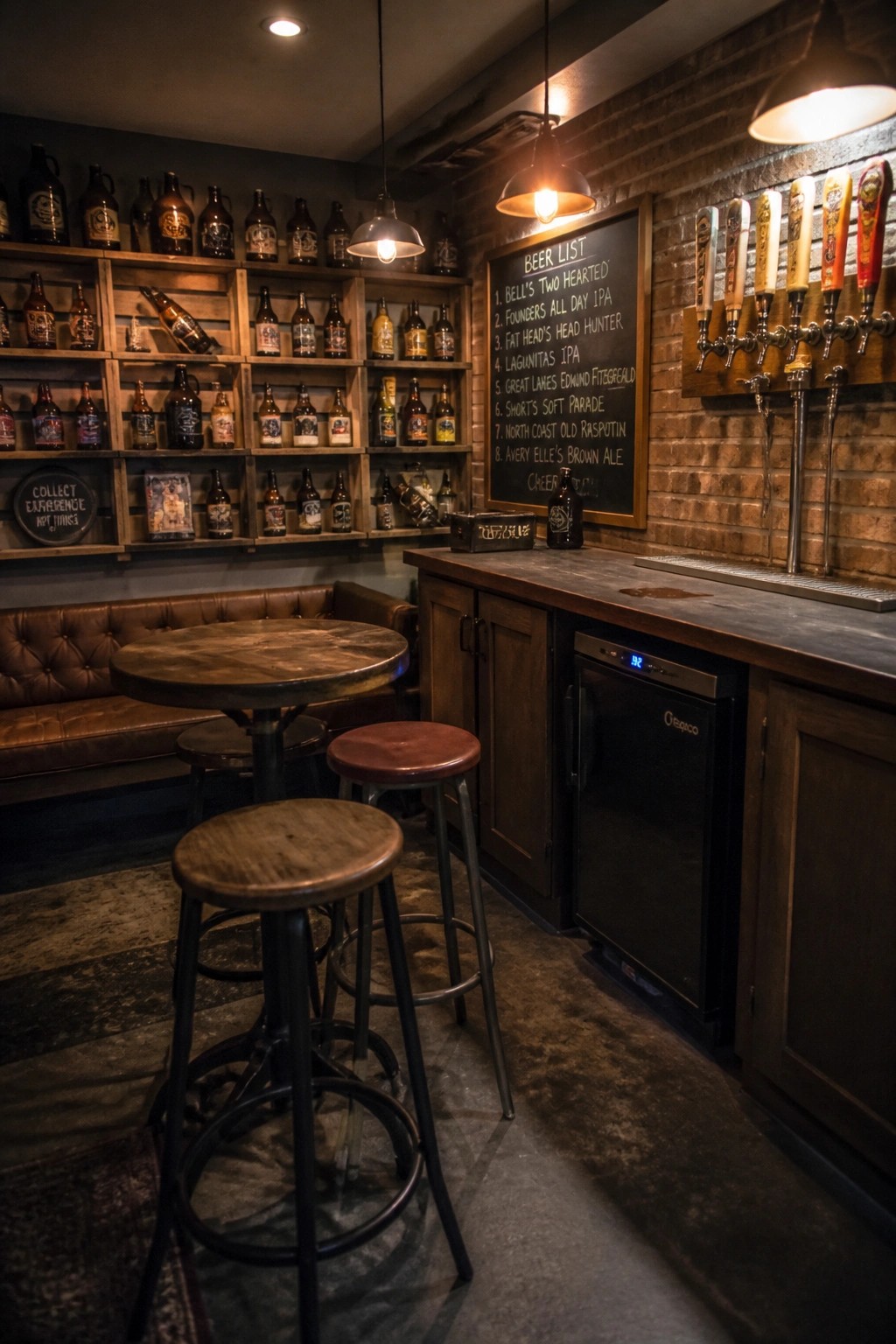 A corner bar with wooden crate shelves holding beer bottles, a chalkboard beer list on a brick wall, and taps mounted above a wooden counter.