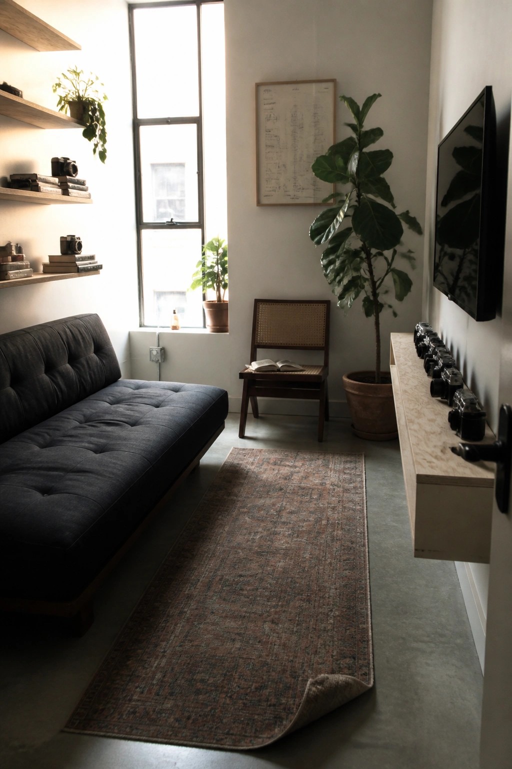 Sunlit room with blue sofa, patterned runner rug, fiddle leaf fig, and camera shelves.