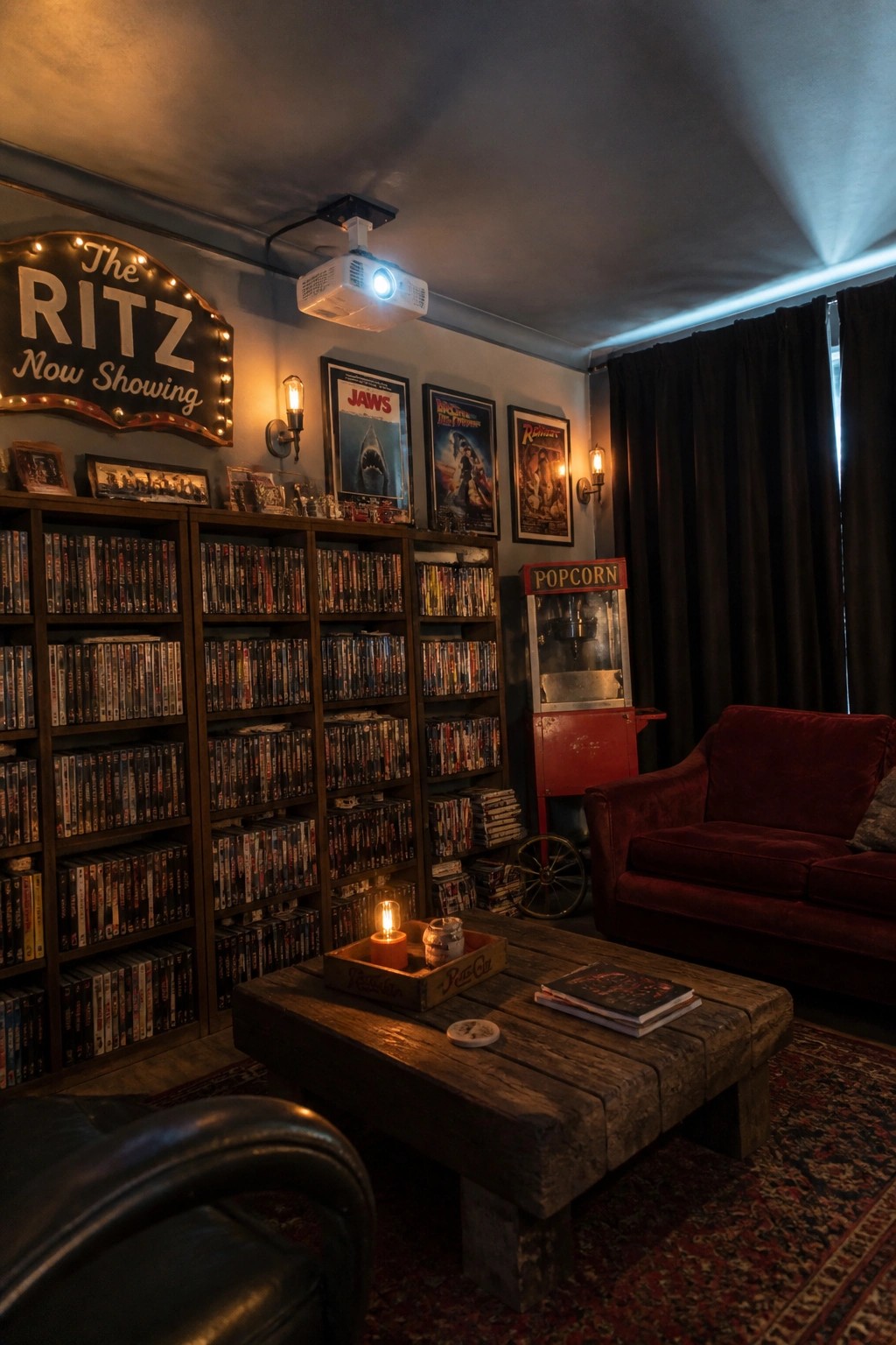 A dimly lit room with tall wooden bookshelves packed with movies, a red velvet sofa, a rustic coffee table, movie posters on the wall, and a ceiling-mounted projector.