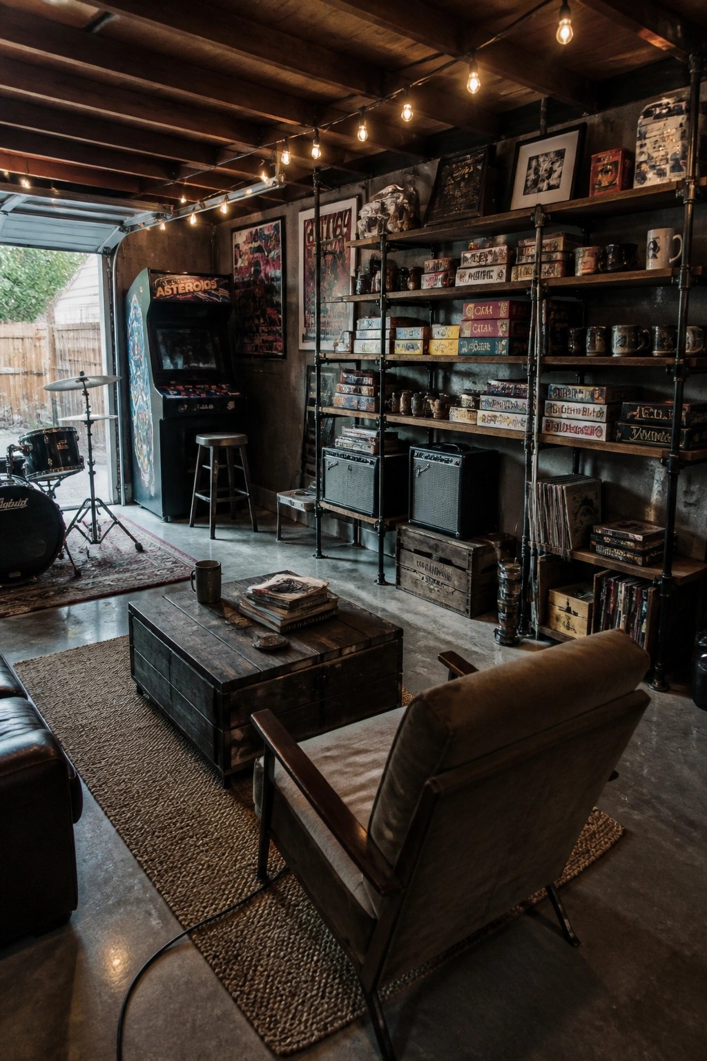 A man cave interior with tall industrial pipe shelving filled with books, mugs, and records, plus wooden crates, an arcade game, and a drum set.