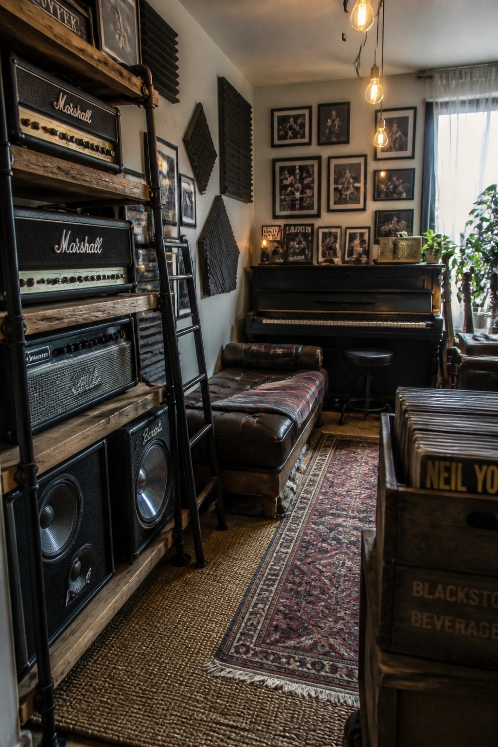 A music room with black pipe shelving holding Marshall and other amplifiers, a brown leather chaise lounge, a piano, framed photos on the wall, and wooden crates filled with records.