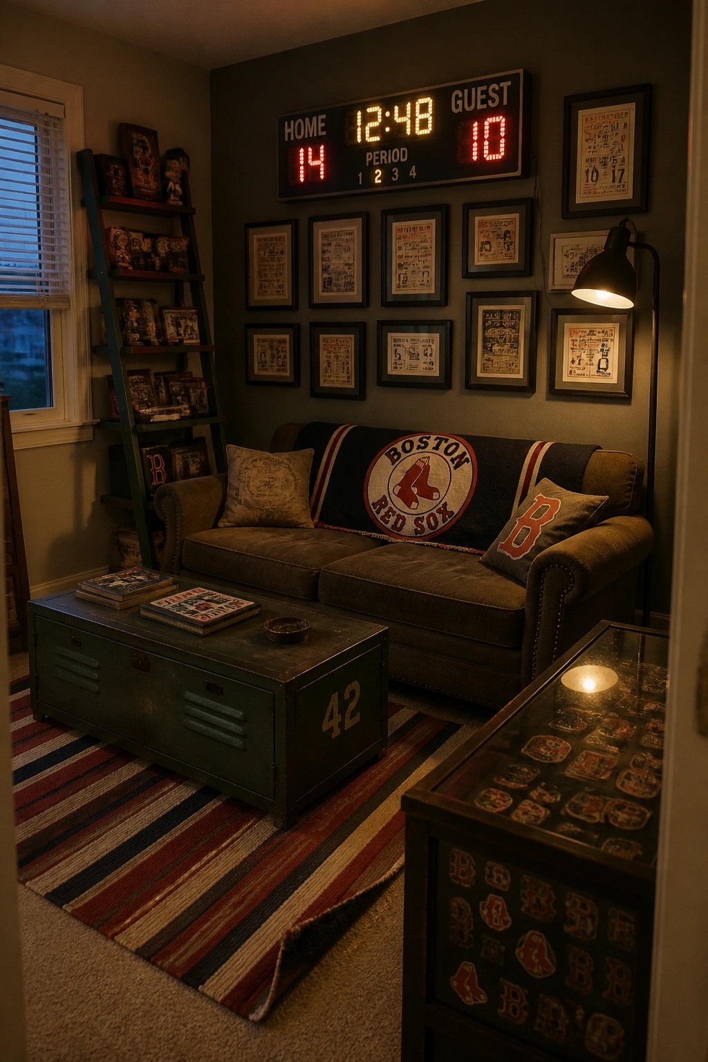 A living room with a brown sofa, green trunk coffee table marked 42, ladder shelf with collectibles, and baseball wall decor including a scoreboard and framed prints.