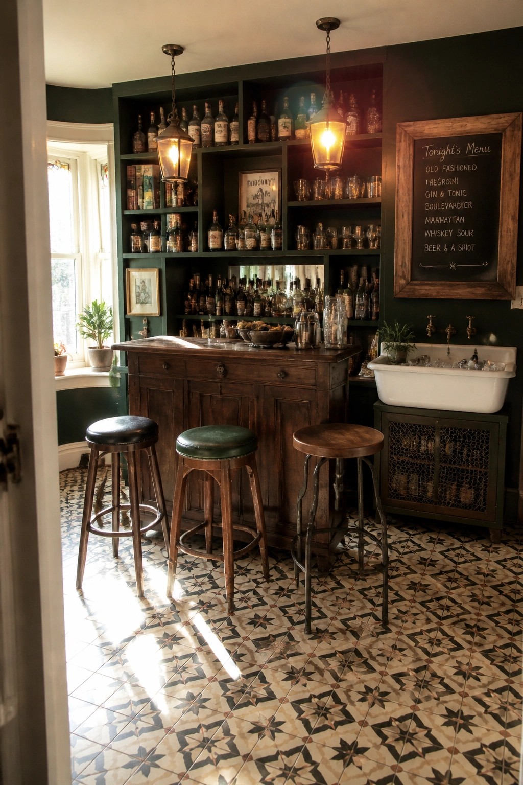 Rustic bar with wooden counter, three stools, bottle shelves, and chalkboard menu.