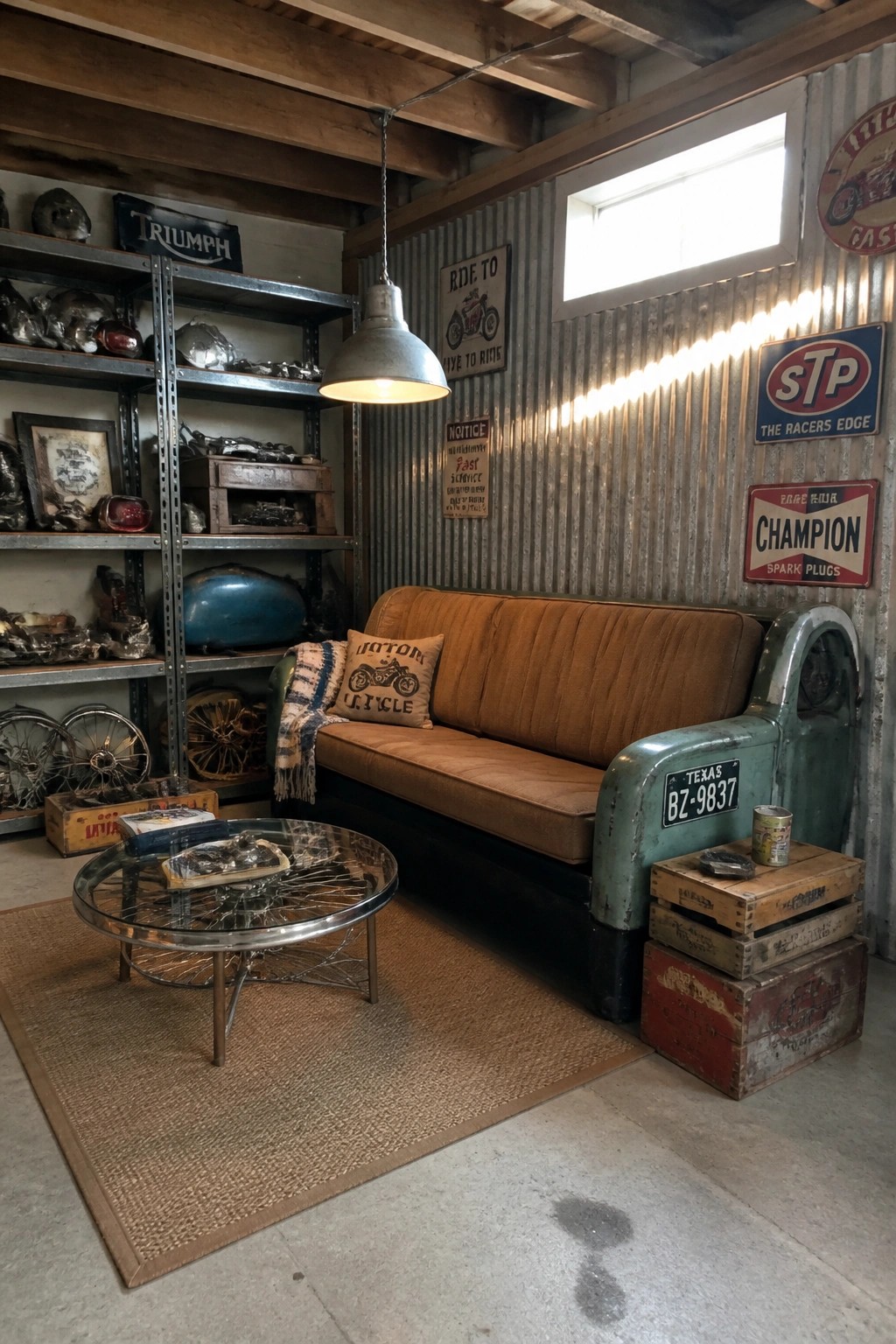 Interior of a room with a brown sofa made from a repurposed vehicle bench seat, metal shelving units holding parts, vintage signs on corrugated walls, and a round glass coffee table on a rug.