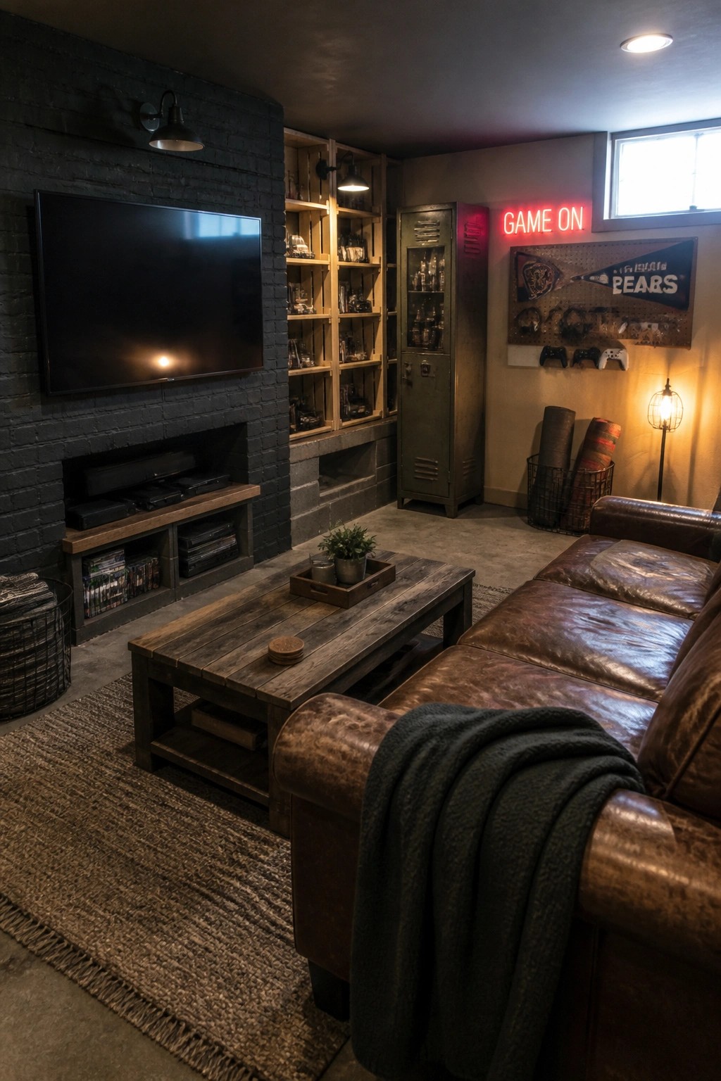 A man cave interior with a wall-mounted TV above a brick fireplace, wooden crate shelving filled with items, a metal locker, a brown leather sofa, and a rustic coffee table on a woven rug.