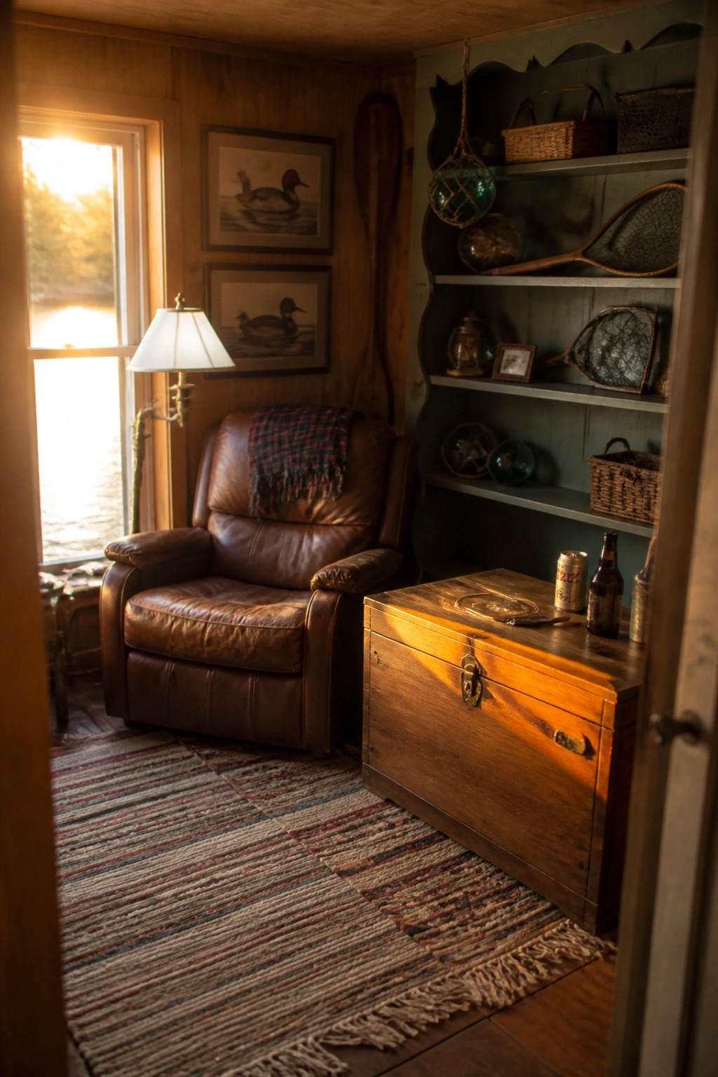 Rustic cabin with brown leather recliner, striped rug, wooden chest, and fishing gear shelves