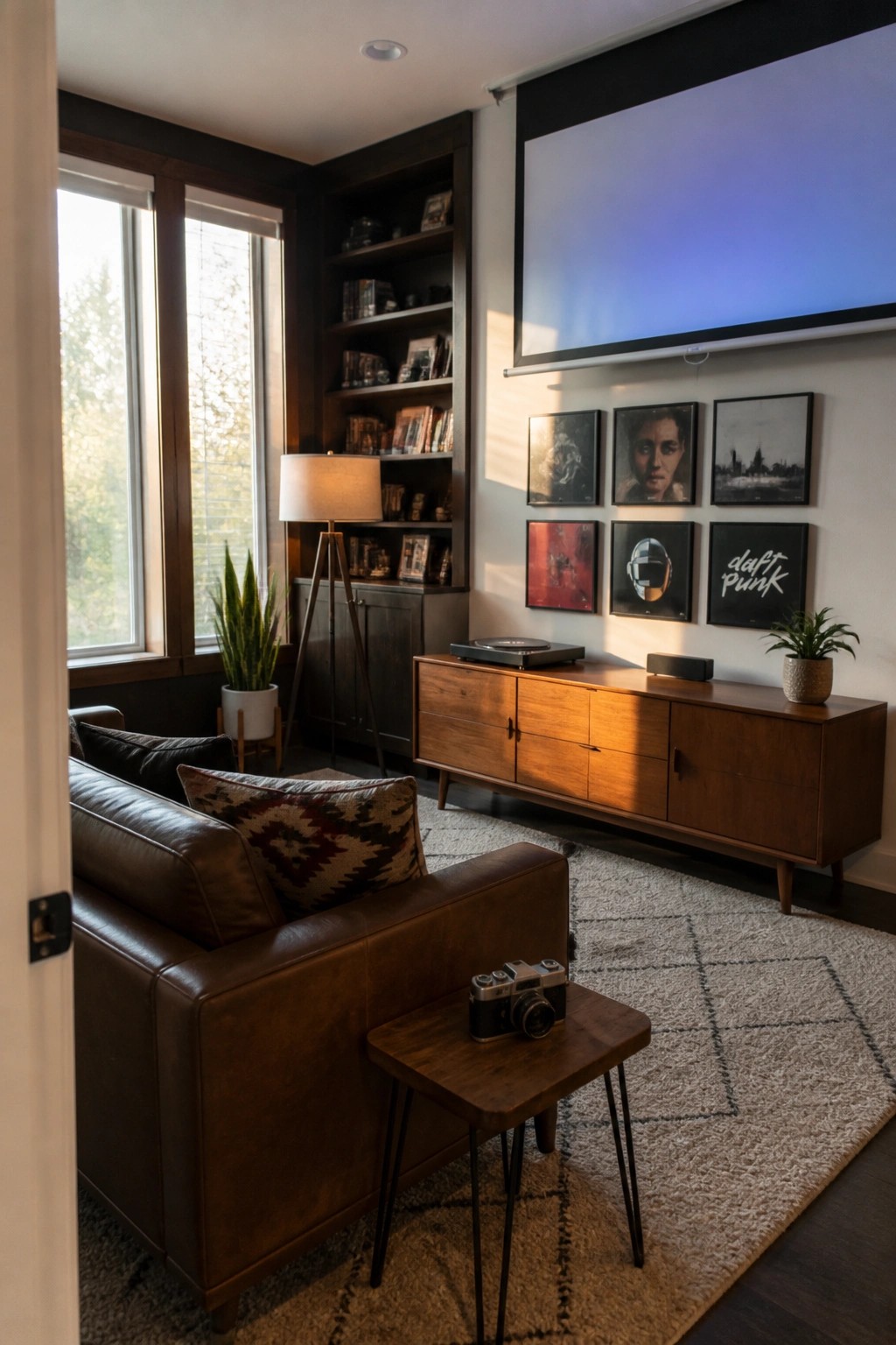 Cozy living room with brown leather sofa, wooden media console, projector screen, and wall art