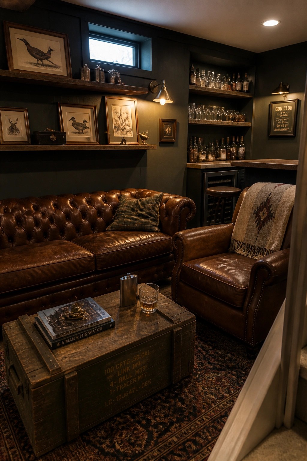 A dimly lit room with dark walls showing a brown leather sofa, matching armchair, wooden crate coffee table, and wall shelves holding bottles and glasses.