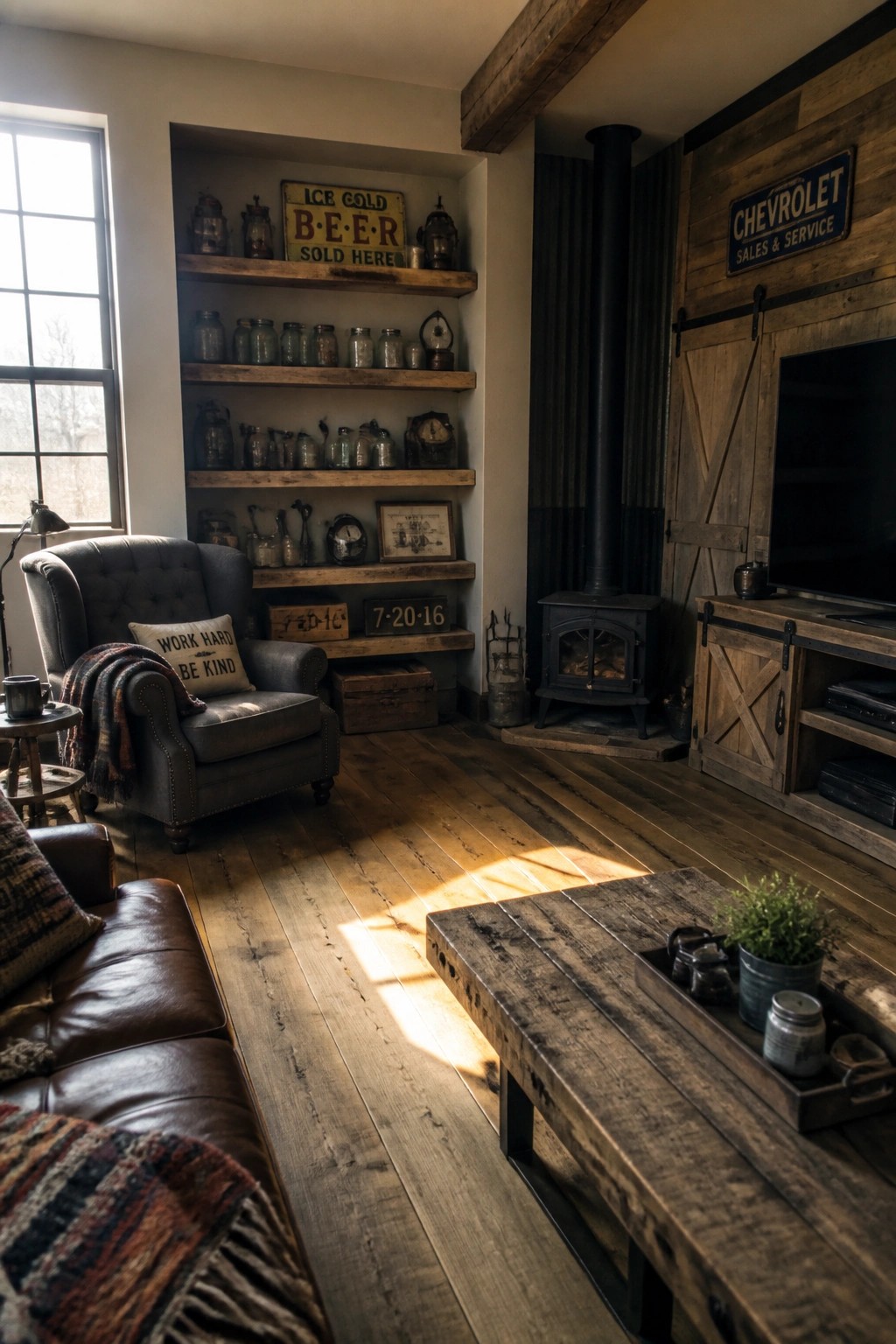 A rustic interior room featuring multiple wooden wall shelves holding glass jars and vintage items, a dark leather armchair, a wood-burning stove, and a wooden TV console with sliding barn doors.