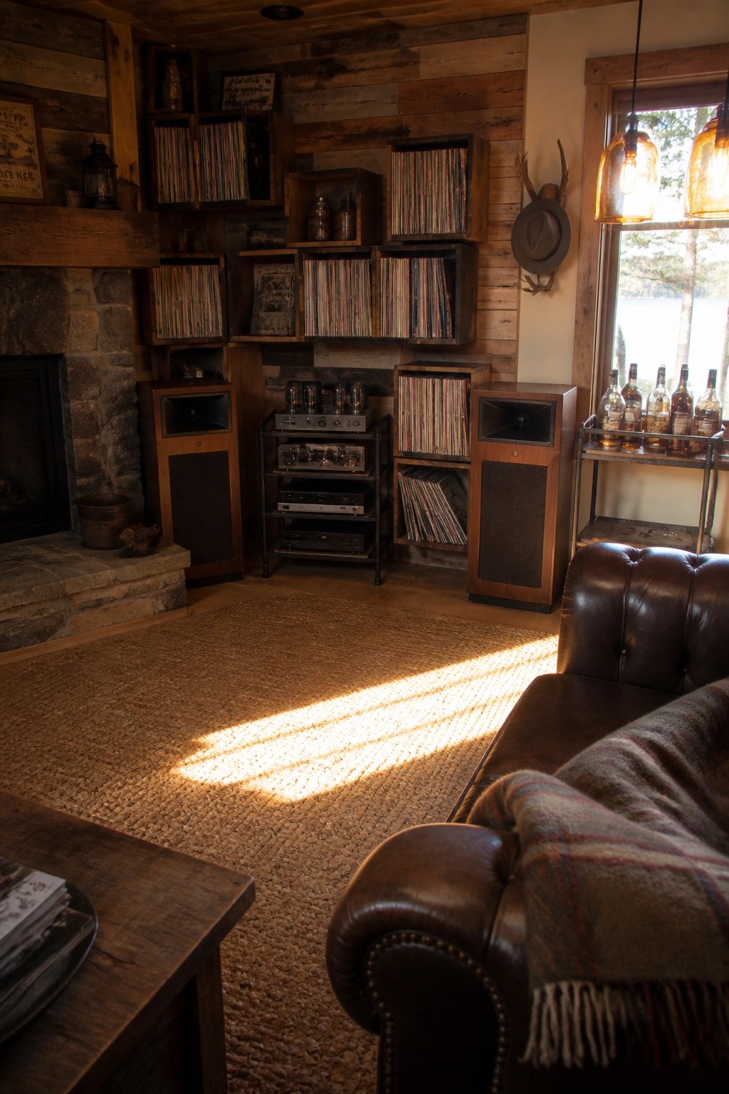 Interior room with wooden plank walls, multiple built-in cubby shelves filled with vinyl records, two wooden speakers on the floor, a metal equipment rack, a stone fireplace, and a brown leather sofa.
