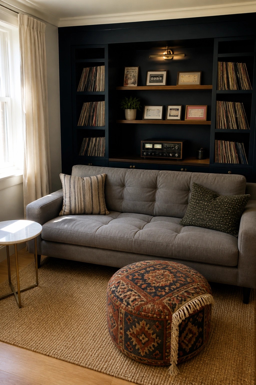 A gray sofa sits in front of a dark built-in wall unit filled with vinyl records, framed items, and a vintage audio receiver.