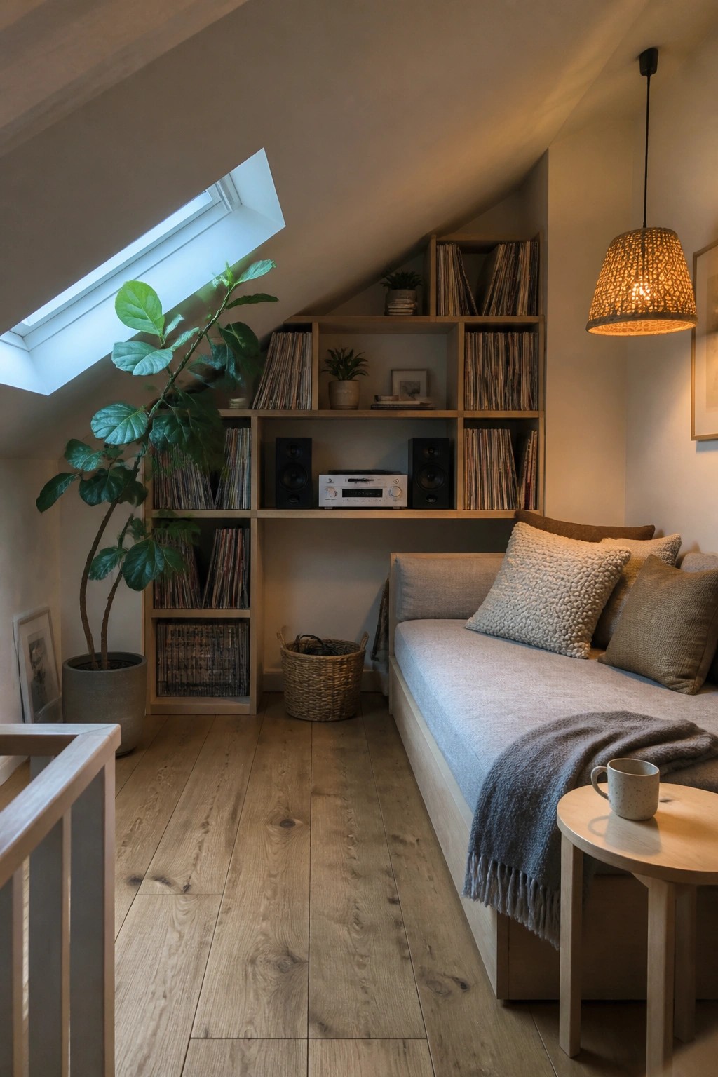 An attic room with light wood built-in shelves holding vinyl records and audio equipment, a gray daybed with pillows and a throw, a large potted plant, and a skylight above wooden flooring.