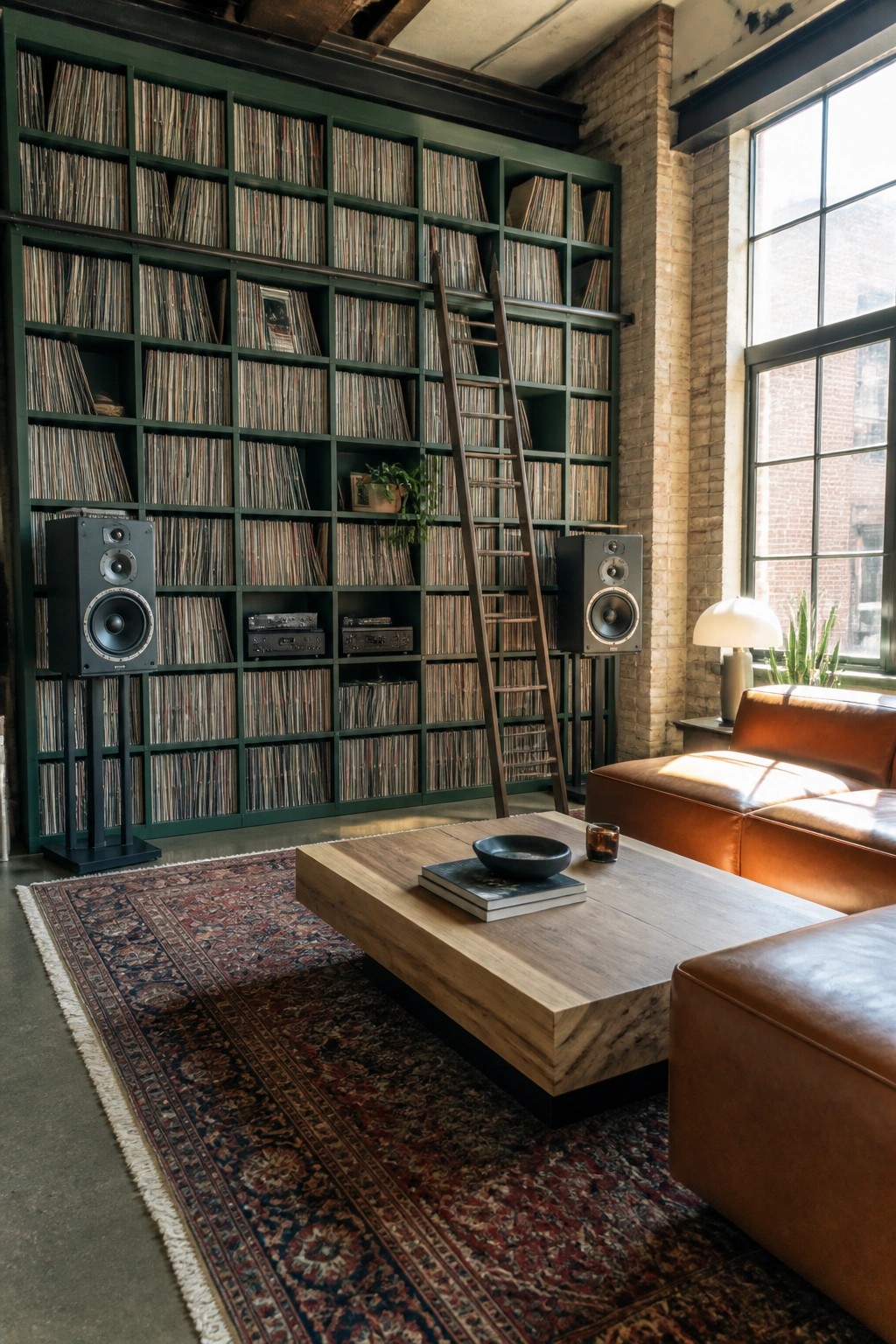 A living room with a large green built-in shelving unit filled with vinyl records, a wooden ladder leaning against the shelves, and black speakers on stands.