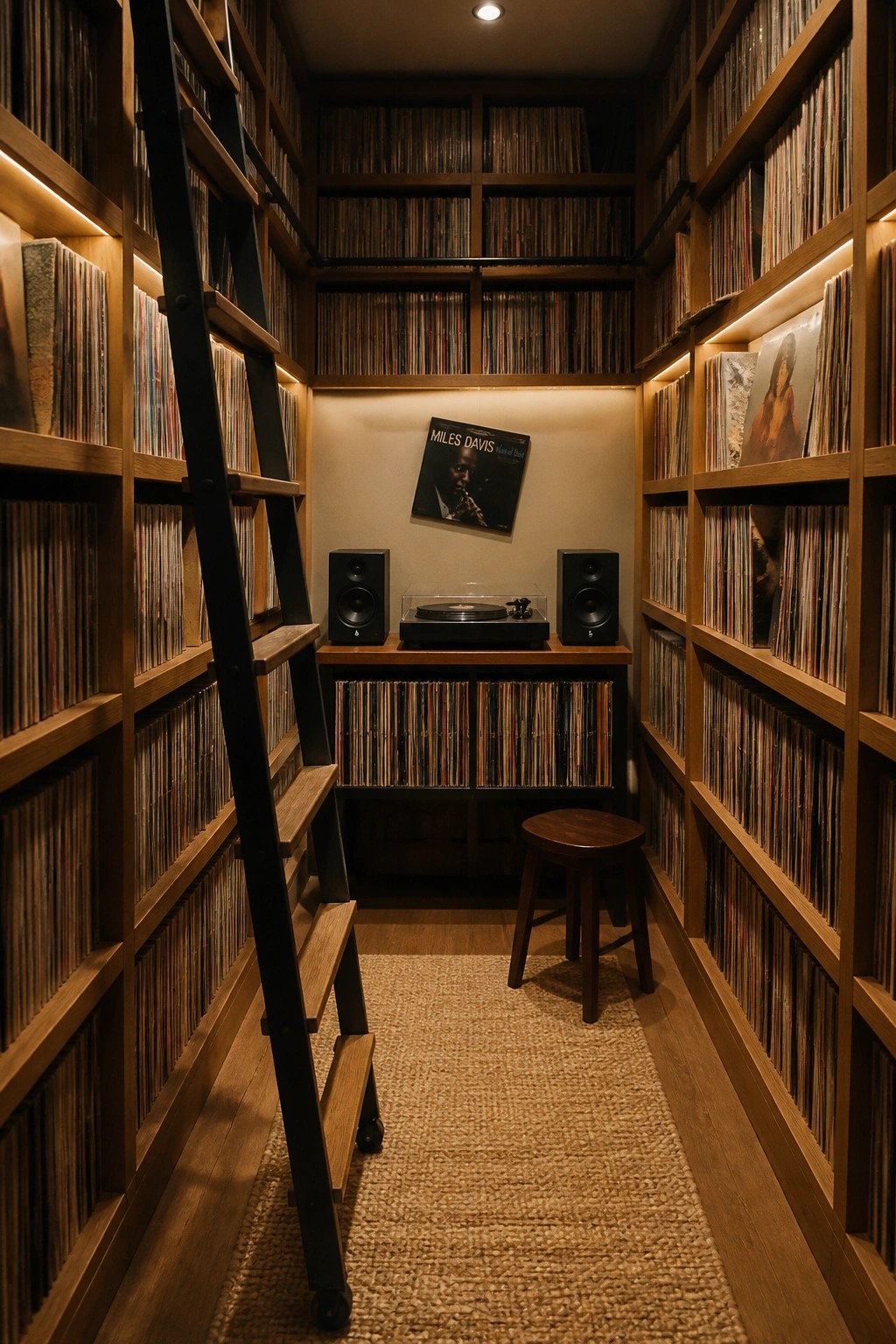 A narrow interior room lined with floor-to-ceiling wooden shelves filled with vinyl records, featuring a black rolling ladder on the left, a central turntable between two speakers, and a Miles Davis album cover on the back wall.