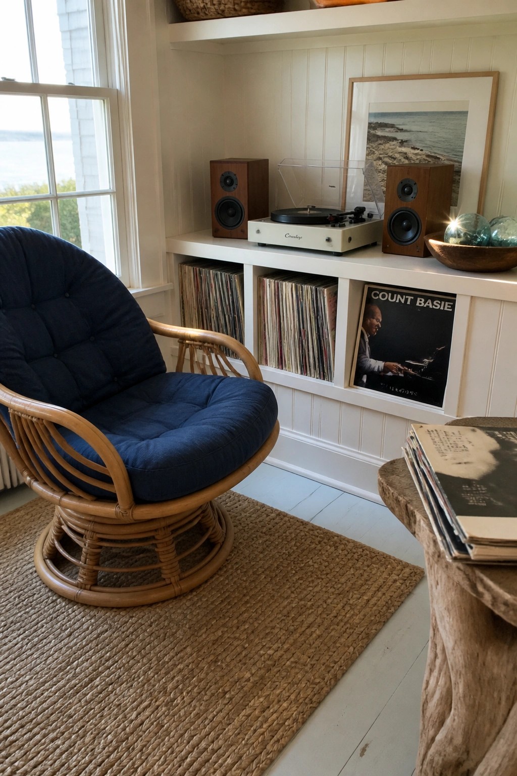 A wicker swivel chair with blue cushions faces white built-in shelves that hold a turntable, two speakers, and multiple cubbies filled with vinyl records.