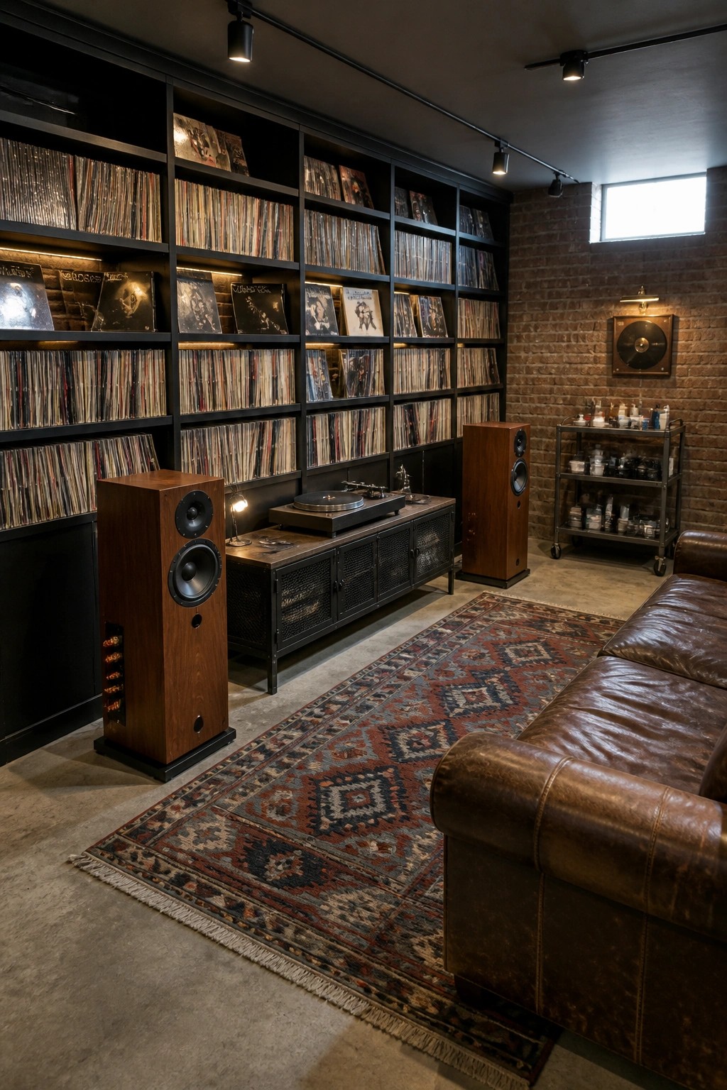 Interior of a music room with black built-in shelves filled with vinyl records along one wall, two wooden floor-standing speakers, a turntable on a low console, and part of a brown leather sofa visible on a patterned rug.