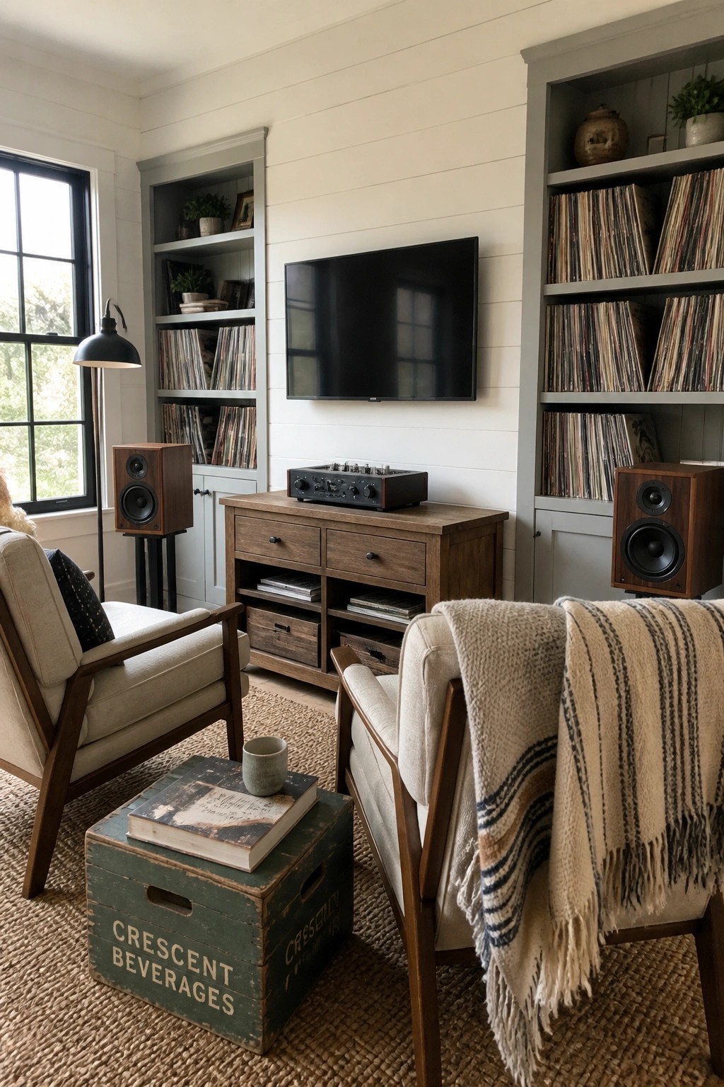 Cozy living room with vinyl record shelves, TV, speakers, wooden furniture, and armchairs.