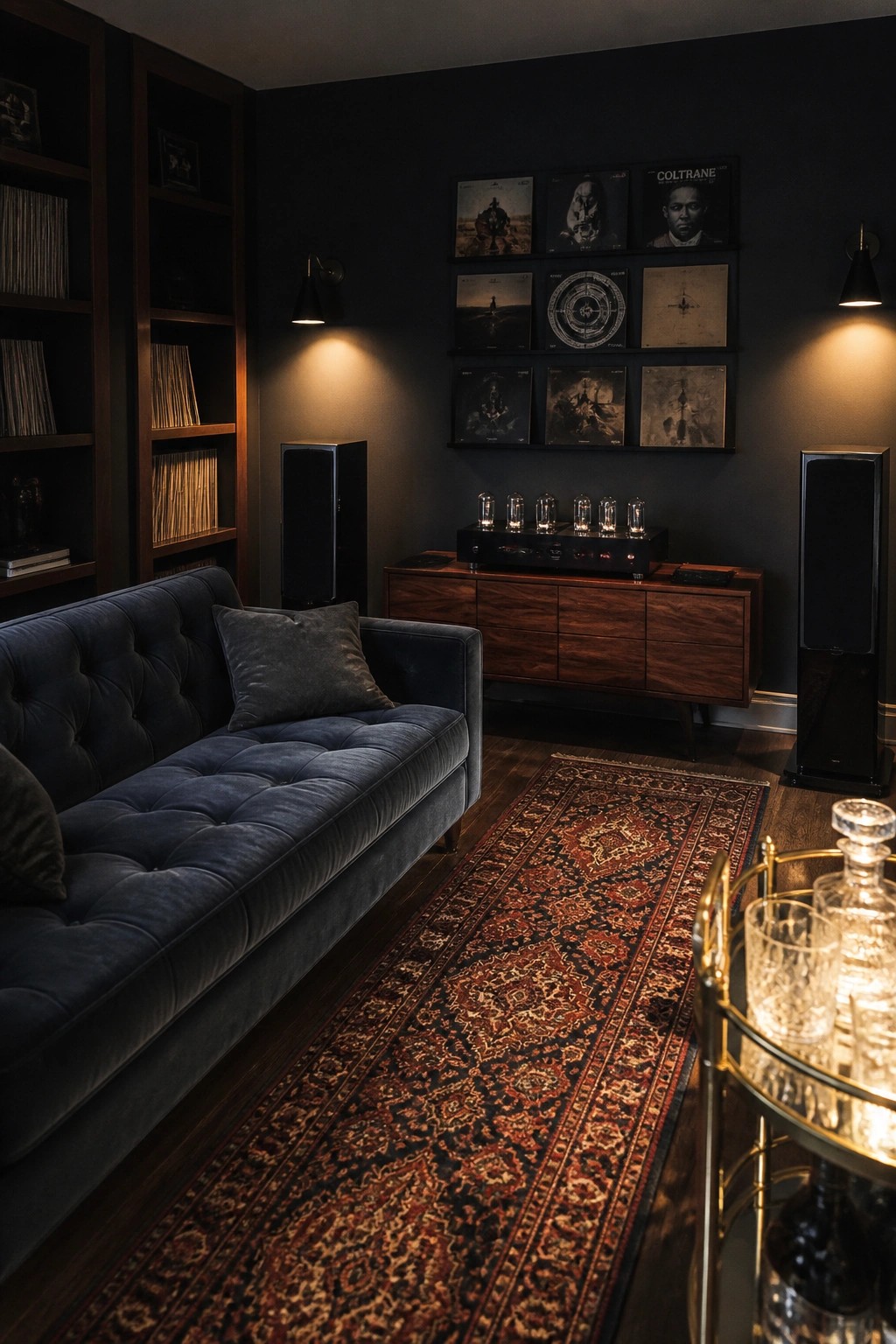 Dark living room with blue velvet sofa, Persian rug, vinyl records, and speakers