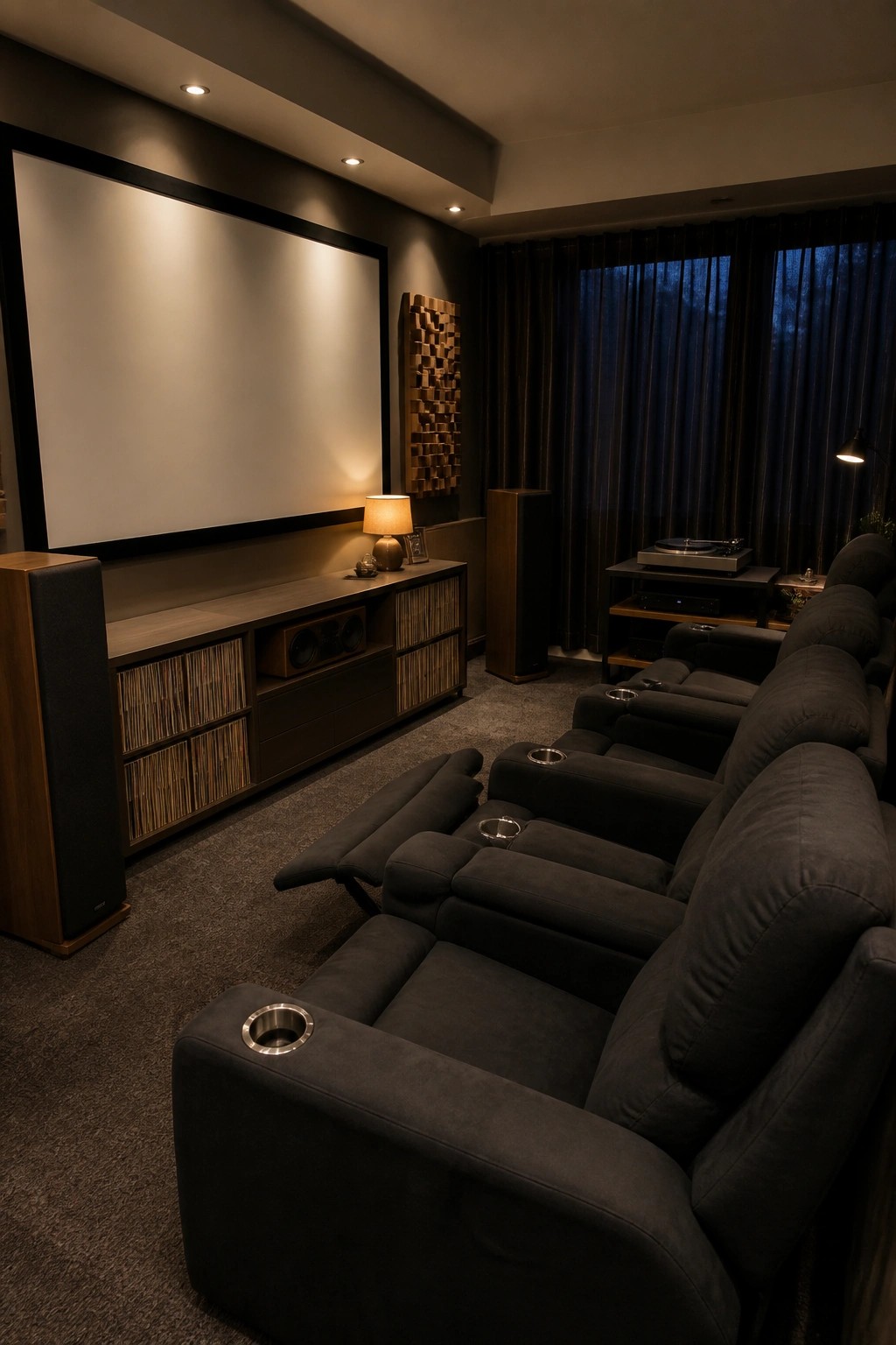 Interior view of a home theater with dark recliners, a wooden media console holding vinyl records, floor speakers, and a large projection screen on a dark wall.
