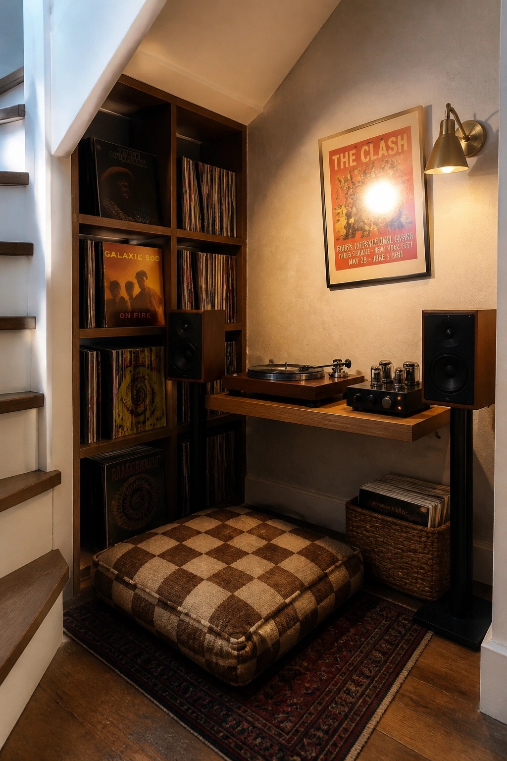 A compact music nook under a staircase shows built-in wooden shelves filled with vinyl records, a turntable on a floating shelf, two speakers, a checkered ottoman on a rug, and a framed poster on the wall.