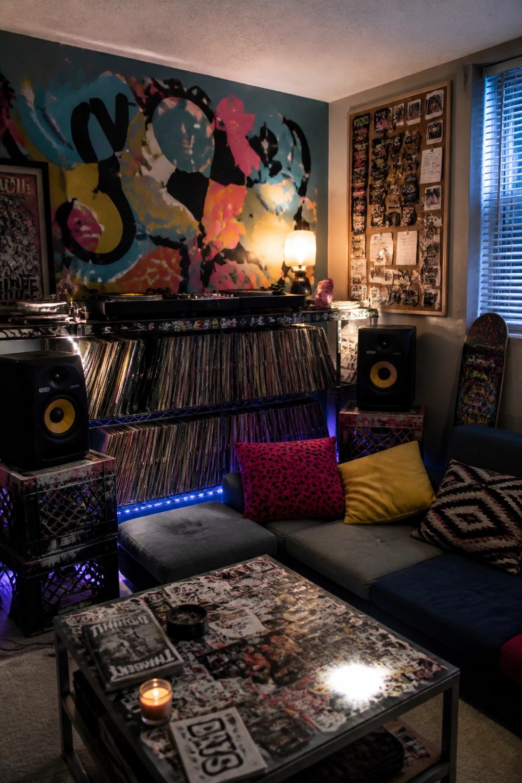A music room interior showing a gray sectional sofa with colorful pillows, a sticker-covered coffee table, wire shelves filled with vinyl records, black speakers with yellow cones resting on painted crates, turntables on a shelf, and a large abstract mural on the wall.