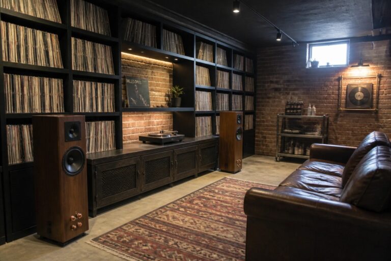19 Cool Music Man Cave Ideas Centered on Vinyl Storage and Hi-Fi Speakers Interior of a music room with black built-in shelves filled with vinyl records along one wall, two wooden floor-standing speakers, a turntable on a low console, and part of a brown leather sofa visible on a patterned rug.