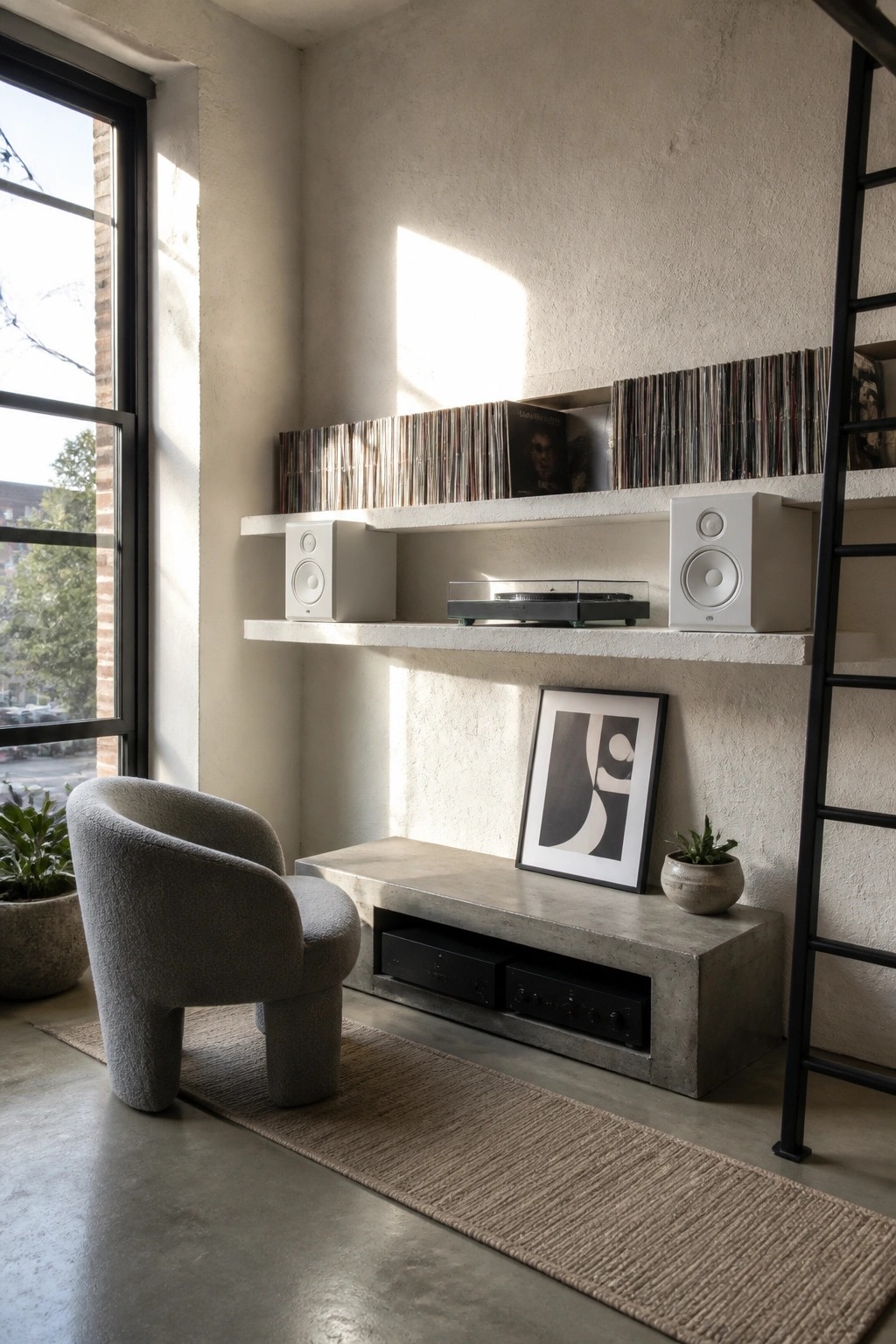 A corner music area with floating concrete shelves holding rows of vinyl records, two white speakers, and a turntable, above a low concrete bench with black audio components.