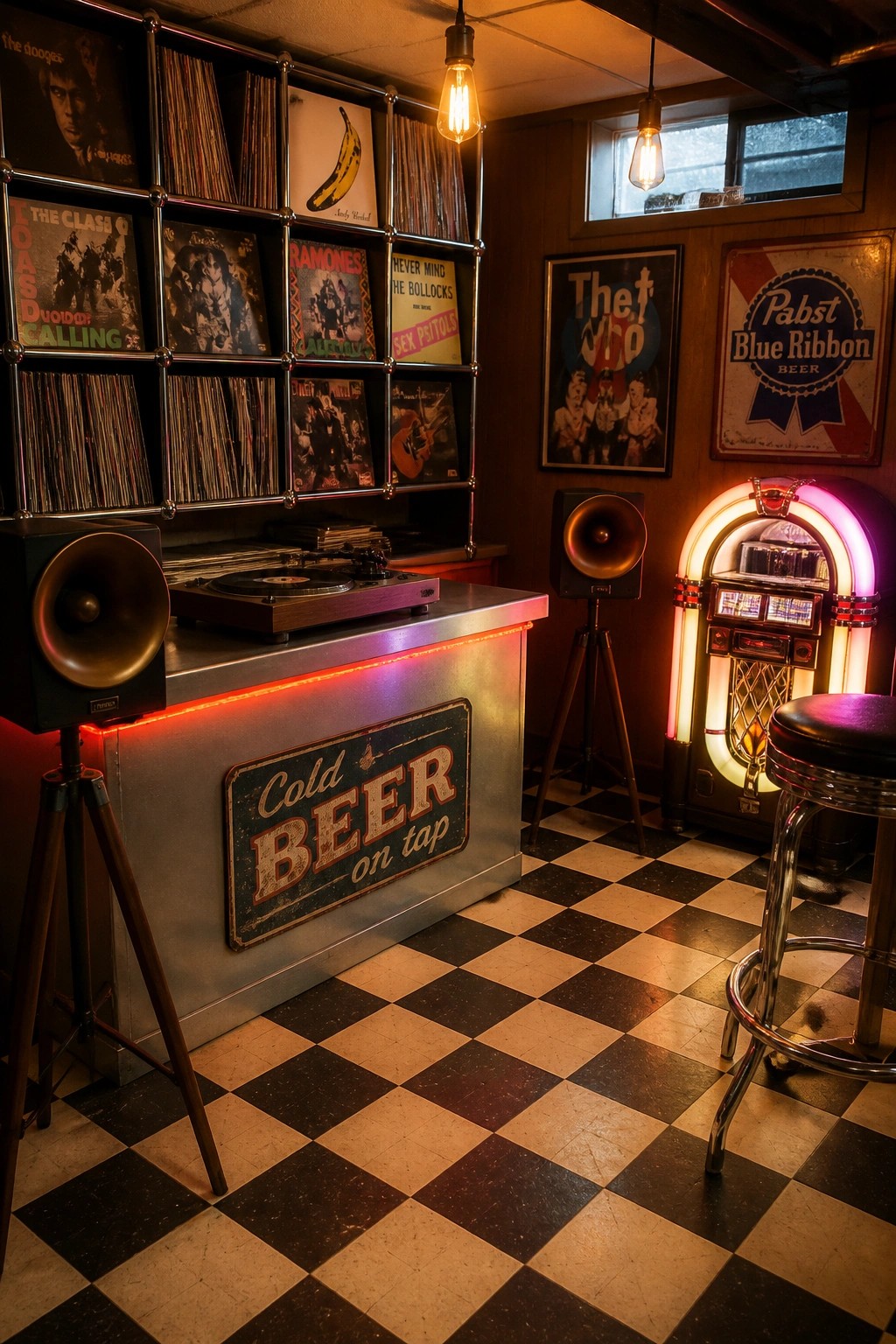 Interior of a music room showing vinyl records stored in chrome grid wall racks above a metal counter with a turntable, flanked by large speakers on tripods and a lit jukebox to the right.
