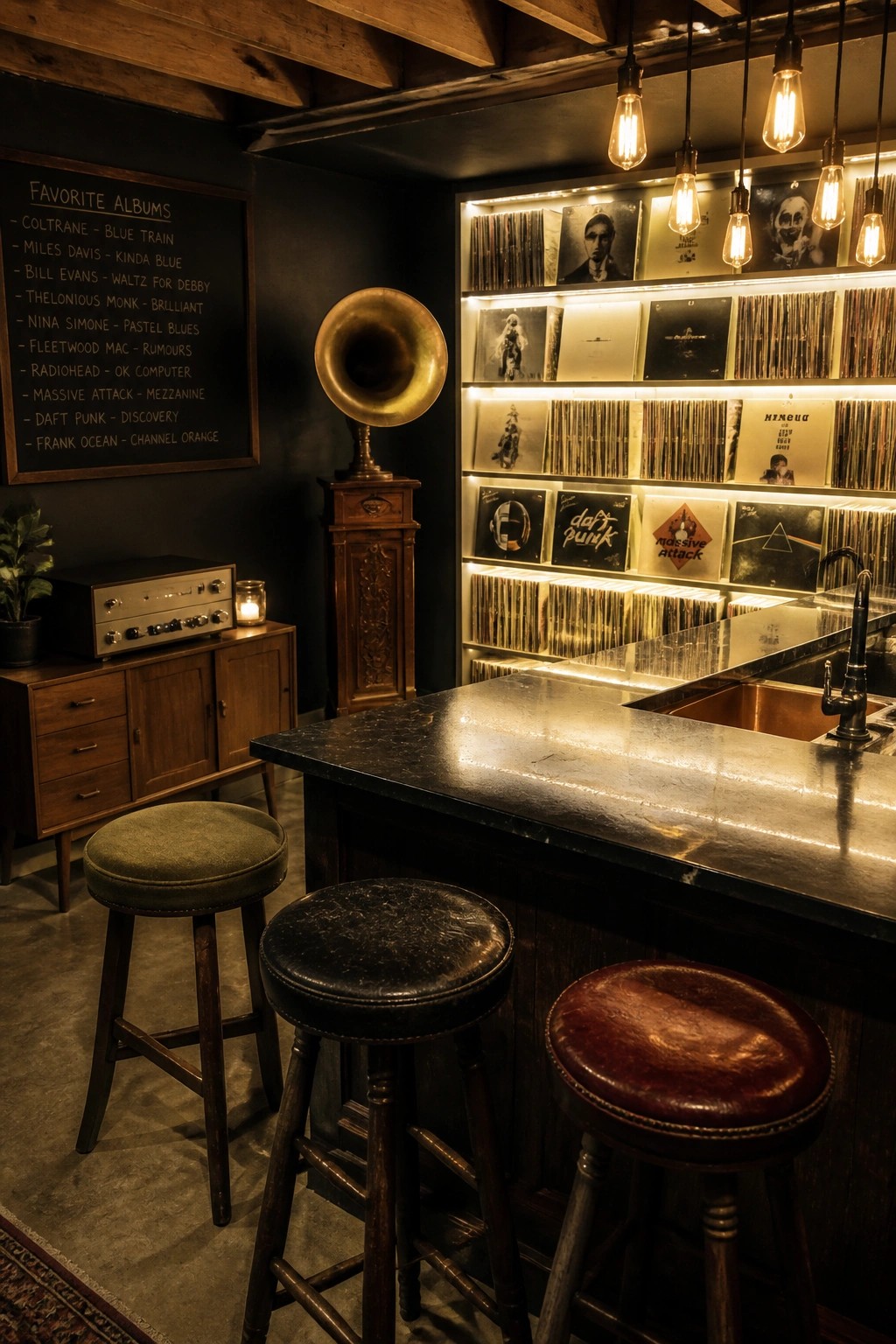 Interior view of a dimly lit room with a dark bar counter, three wooden stools, and backlit shelves filled with vinyl records, plus a brass gramophone and chalkboard listing album titles.