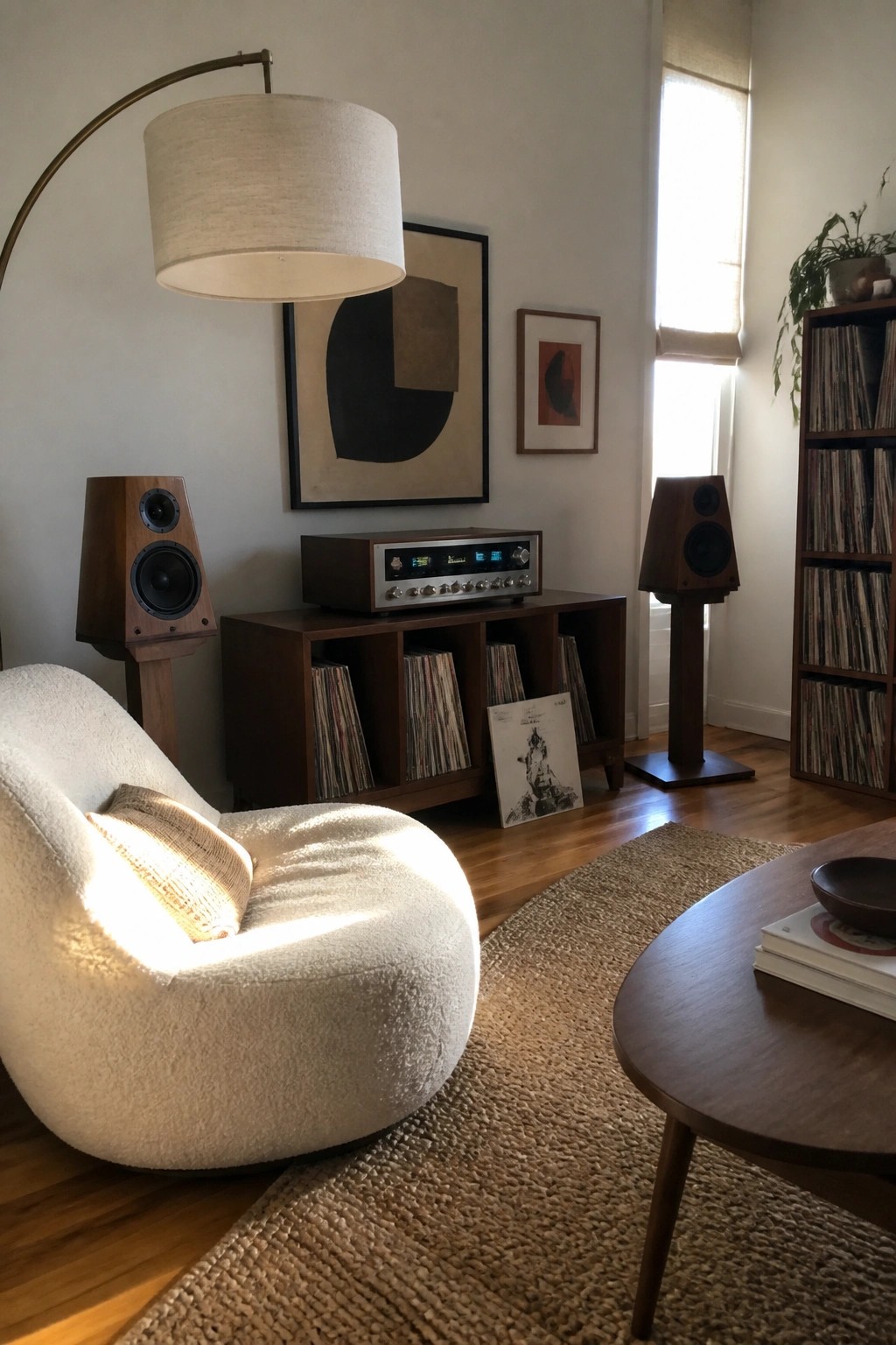 A living room featuring a low wooden cabinet storing vinyl records, a hi-fi amplifier on top, two wooden speakers on stands, a white armchair, and abstract wall art.