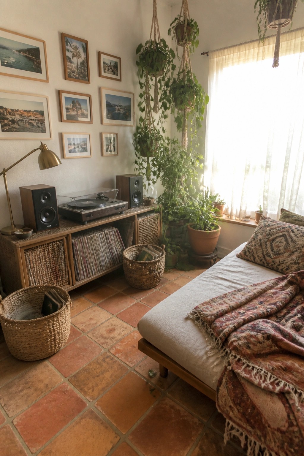 A room interior showing a low wooden media console with a turntable and speakers on top, vinyl records stored in woven baskets underneath, hanging plants near a window, and a daybed with patterned textiles.