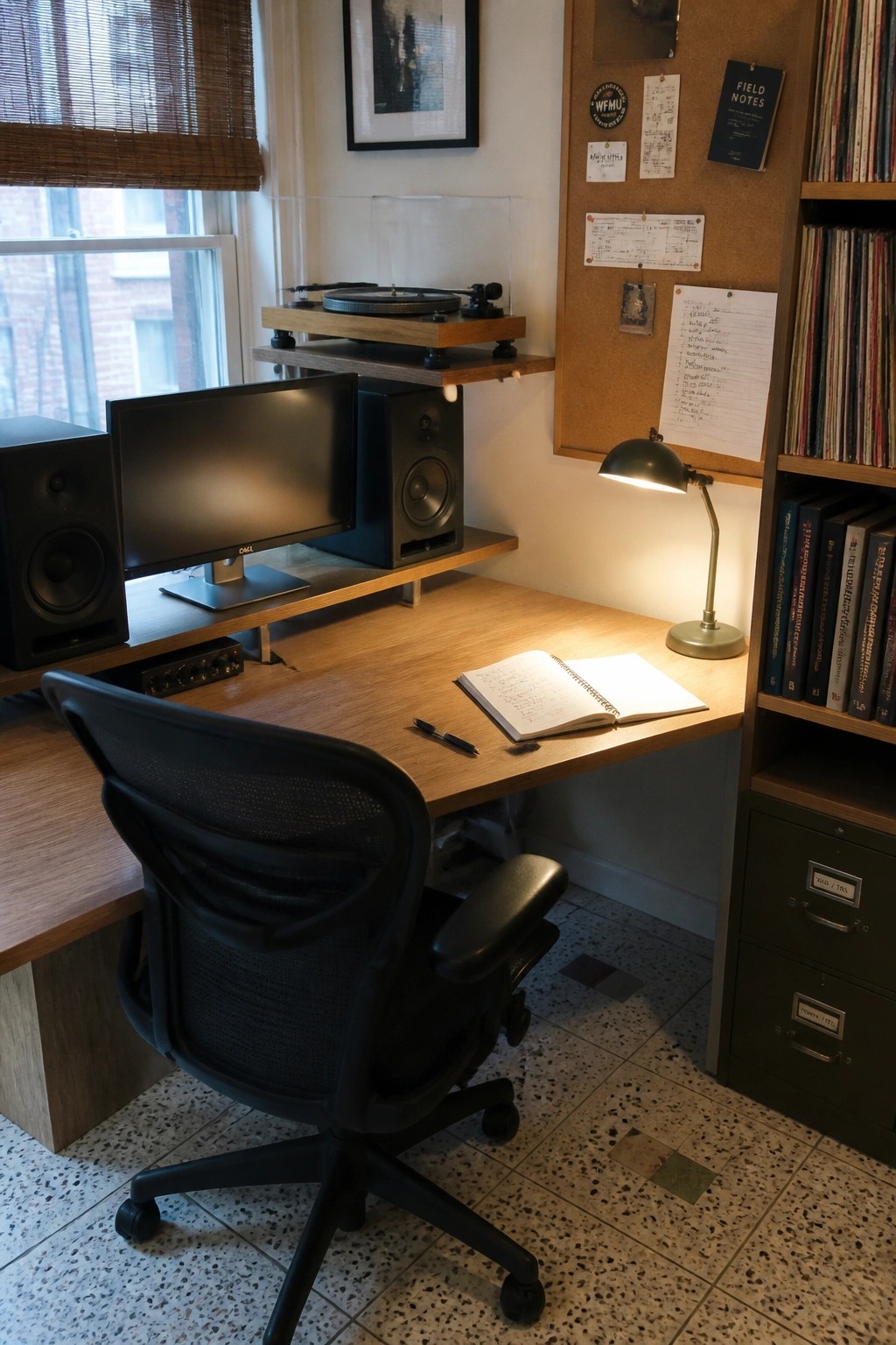 A wooden desk setup with a black mesh office chair, monitor, speakers, and turntable on floating shelves, plus a corkboard and bookshelf holding vinyl records.