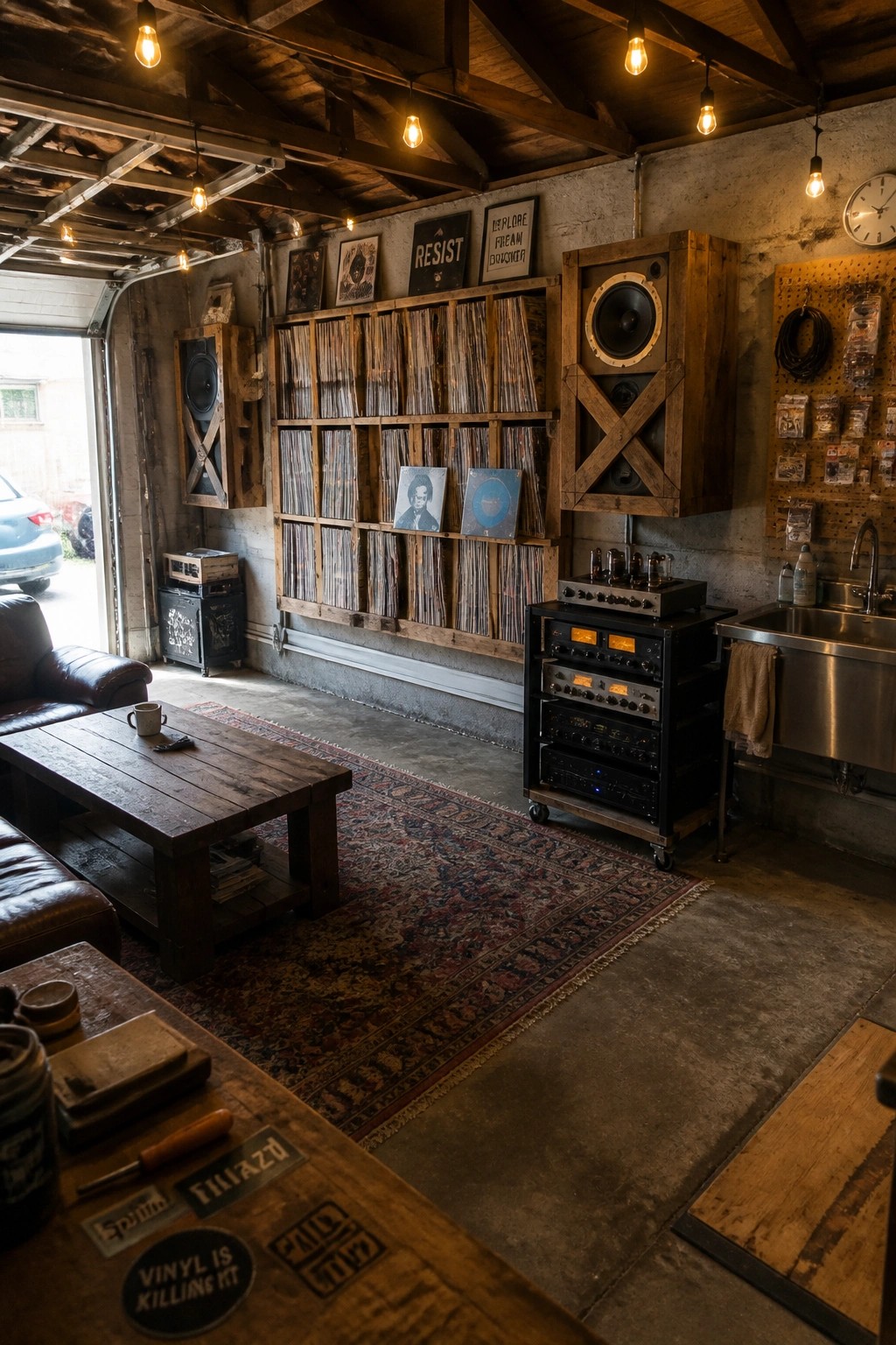 Interior of a converted garage with a large wooden grid of shelves filled with vinyl records, two large wooden speaker cabinets on the wall, and audio equipment on a rolling rack.