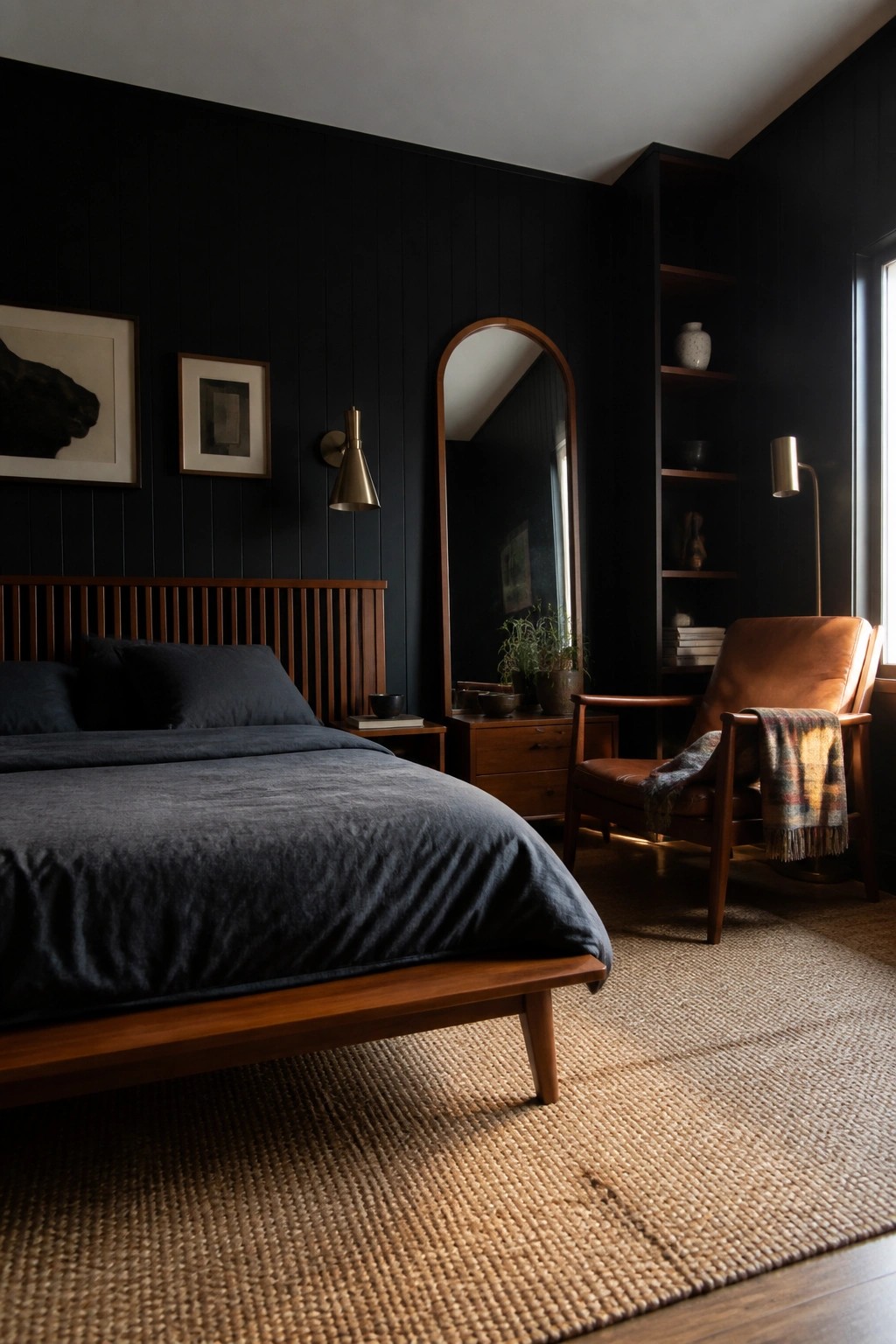 A bedroom with black paneled walls, a wooden bed with dark bedding, a leather armchair, built-in shelving, and brass wall and floor lamps.