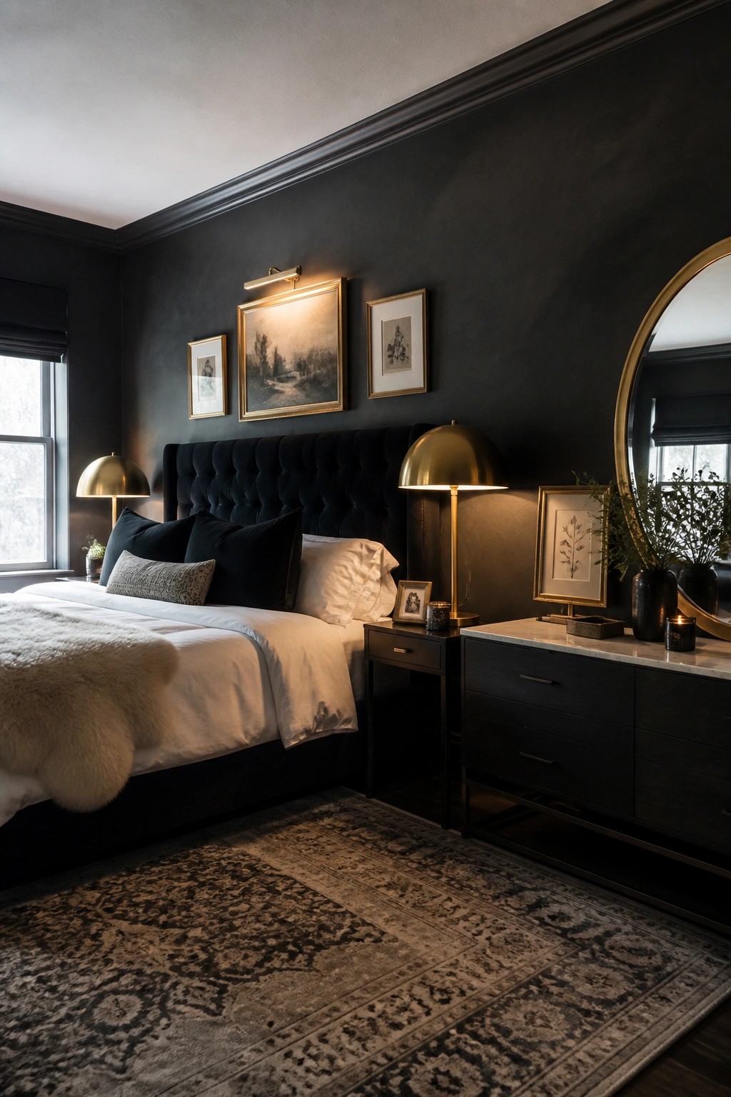 A bedroom with black walls, a black tufted headboard, white bedding, brass dome lamps on nightstands, and a dark wood dresser with a round mirror.