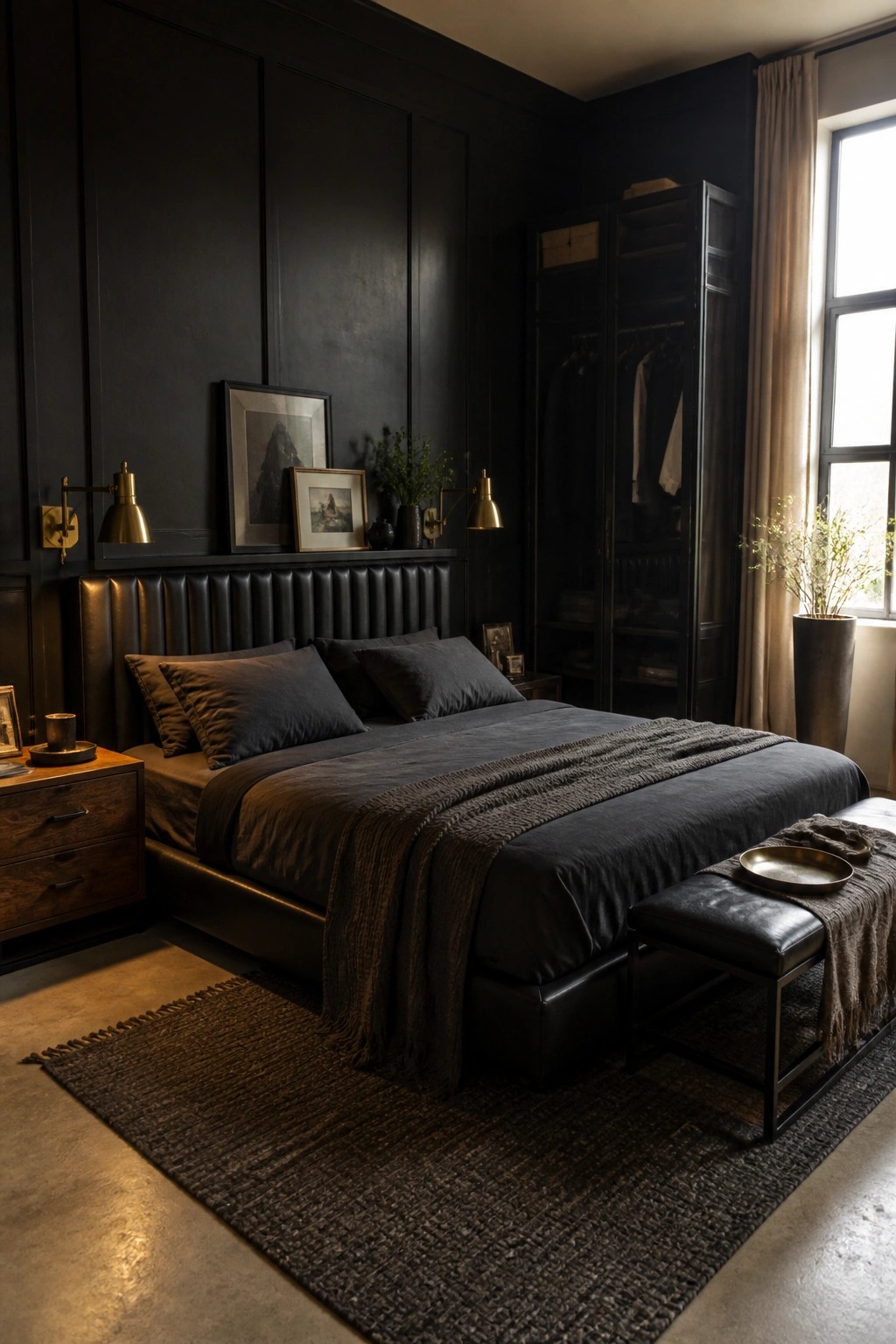 A bedroom with black paneled walls, a large bed with dark bedding, brass wall sconces above the headboard, and a tall dark wardrobe beside a window.