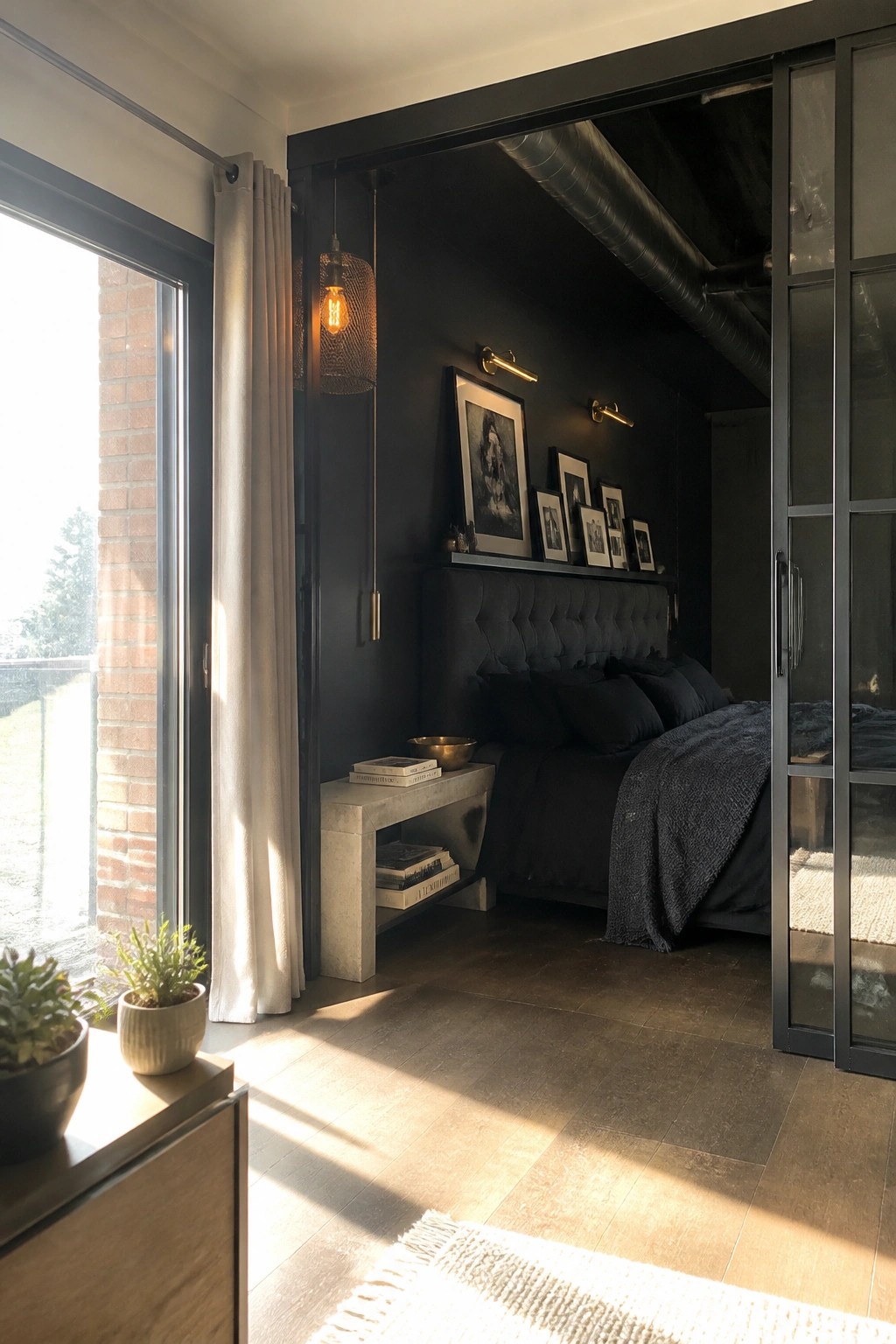 A bedroom interior with black walls, a dark tufted bed, brass pendant light, wall sconces, and framed pictures above the headboard.