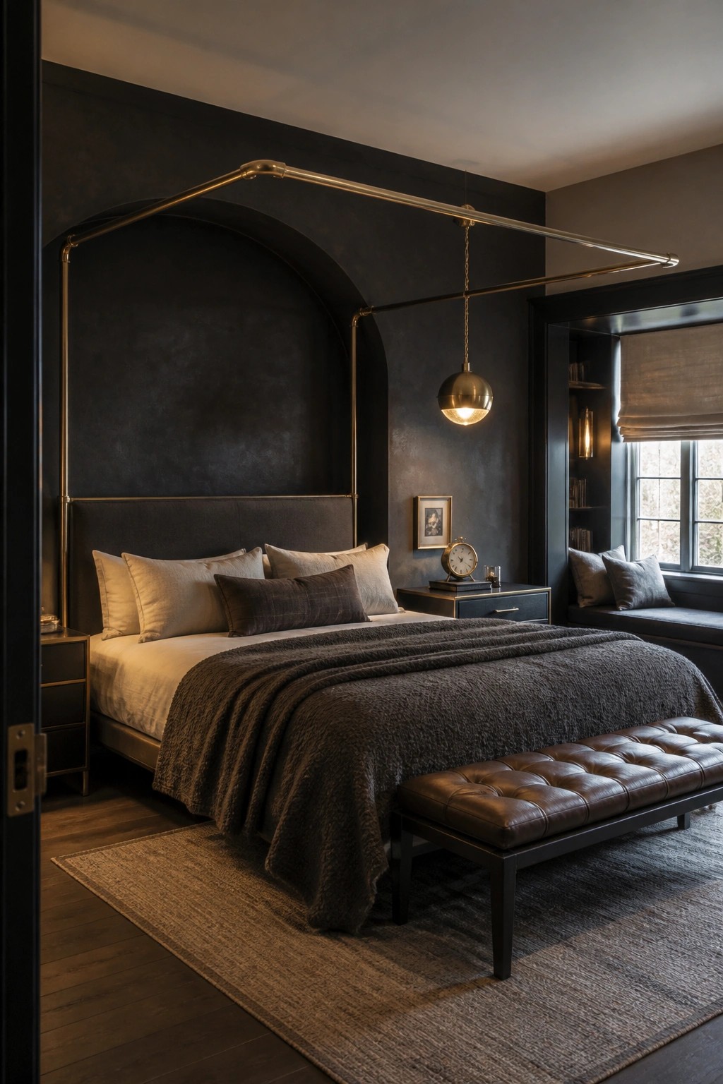 A bedroom with dark textured black walls, a bed with a brass canopy frame overhead, and a brass pendant light hanging above the center of the bed.