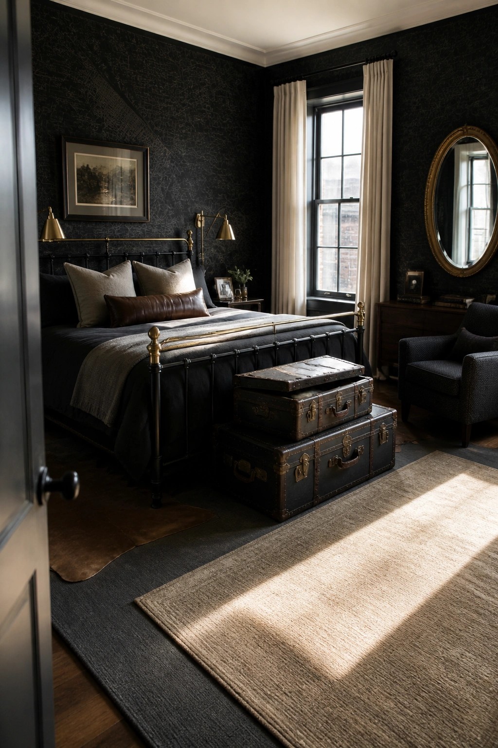 A dark bedroom featuring black walls, a black metal bed with brass accents, brass wall lamps, and stacked trunks at the foot of the bed.