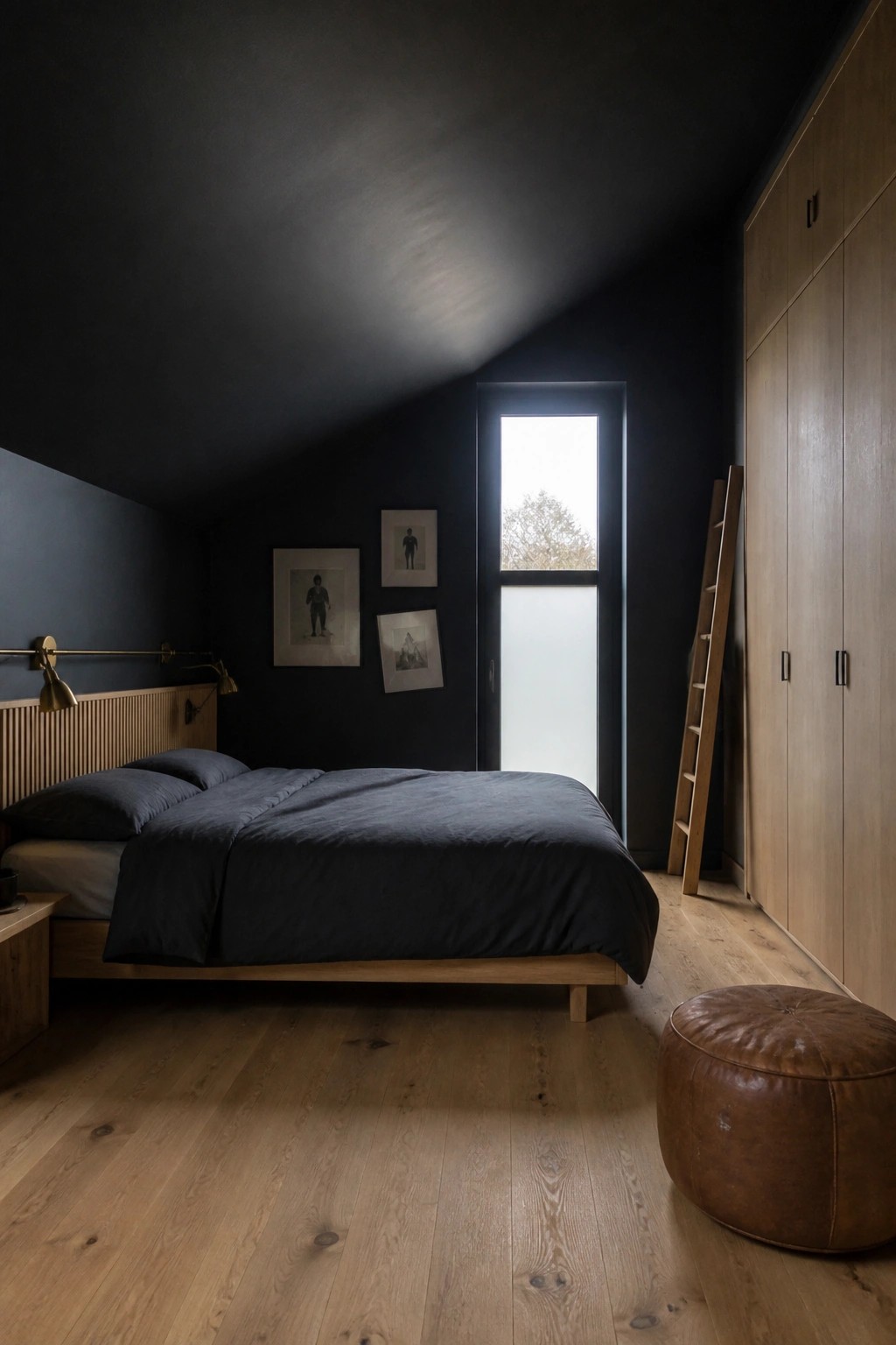 A bedroom with dark walls, a low wooden bed with dark bedding, brass wall sconces, framed art, and a tall narrow window.