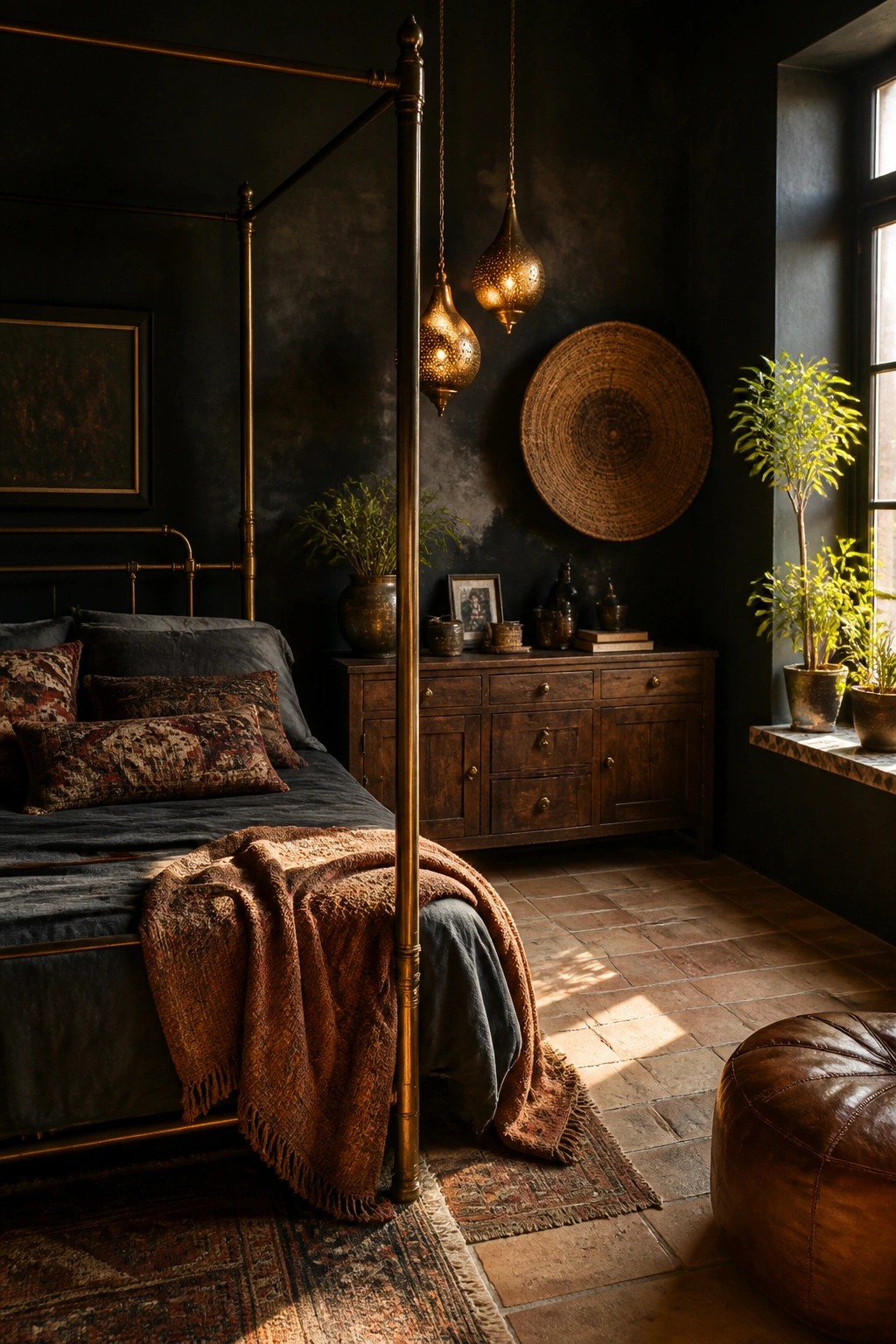 A dark bedroom with black walls, a brass canopy bed, hanging brass pendant lights, a wooden dresser, and terracotta tile flooring.